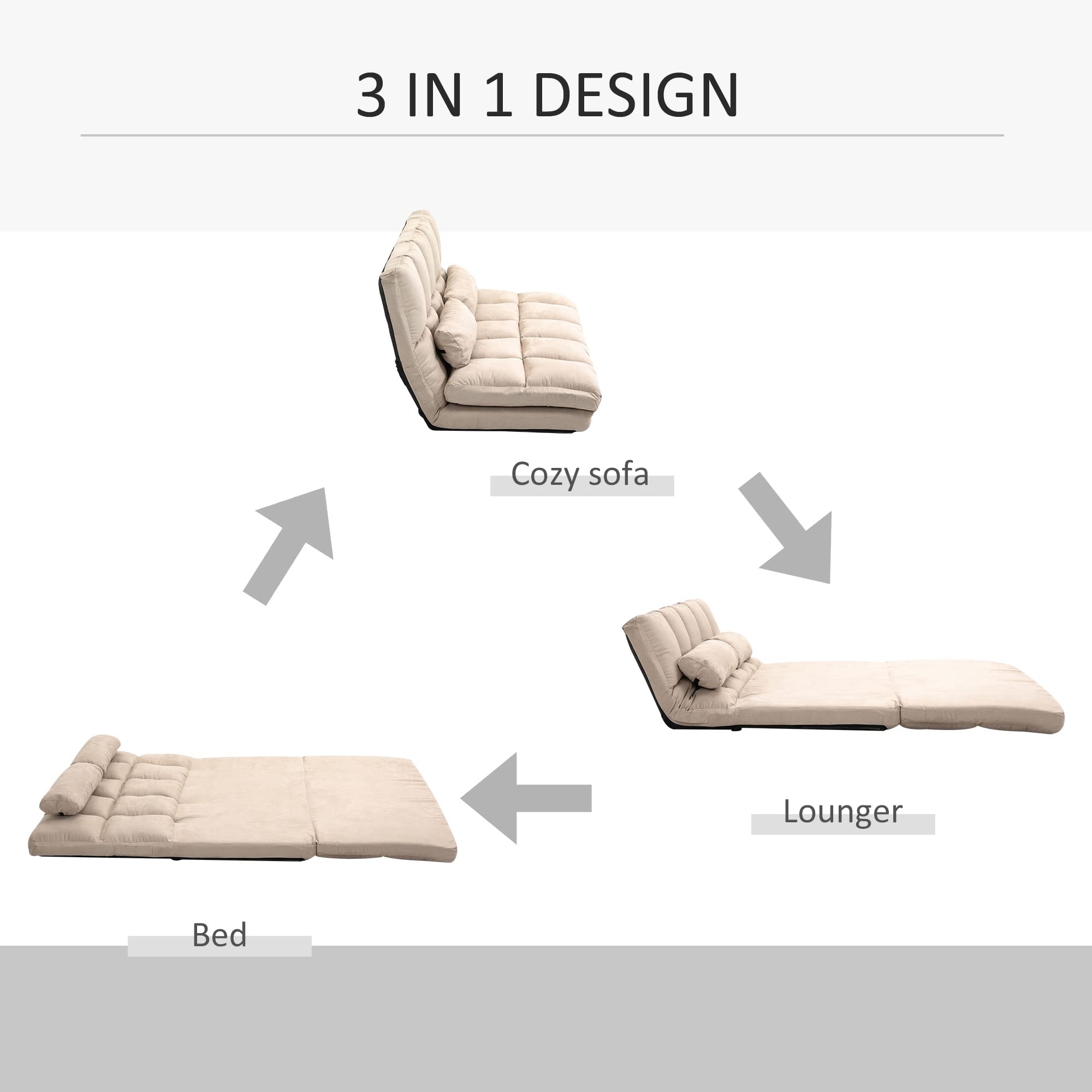 HOMCOM Convertible Floor Sofa Chair - Foldable Couch Bed & Guest Chaise Lounge with 2 Pillows, Adjustable Backrest & Headrest, 40.25