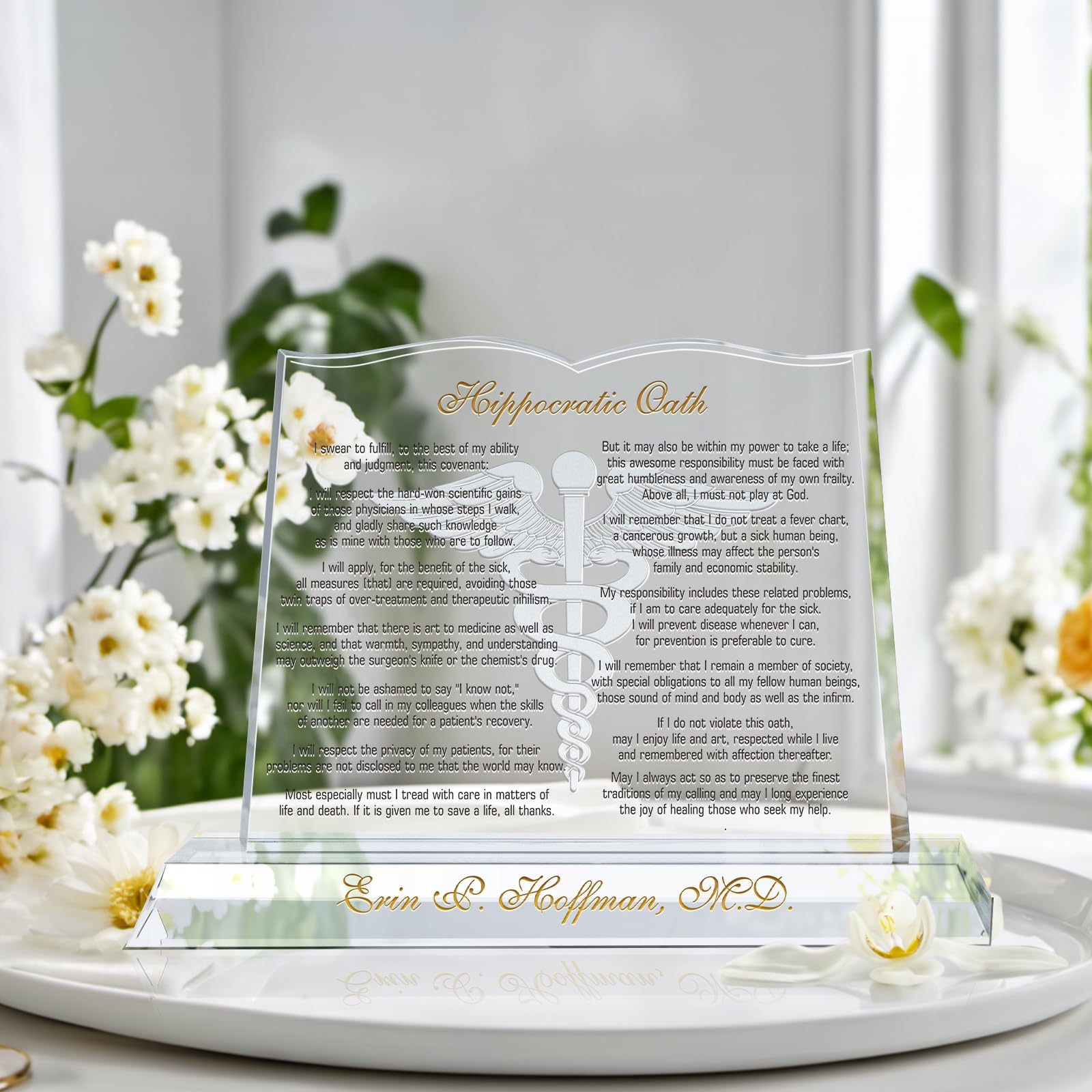 Personalized Crystal Hippocratic Oath Plaque - Custom Doctor Gift for Medical Graduation, Residency Completion & Appreciation - 10