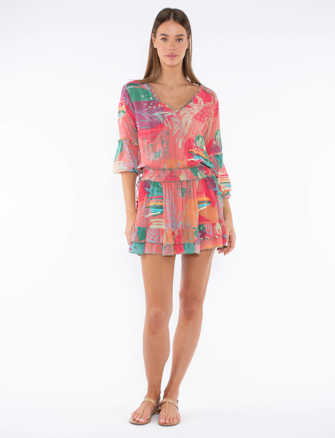 Deniz Dress - Pink Abstract Jungle Print Flowy Maxi Dress for Women | Boho Chic Summer Beach Dress, Vacation & Party Wear