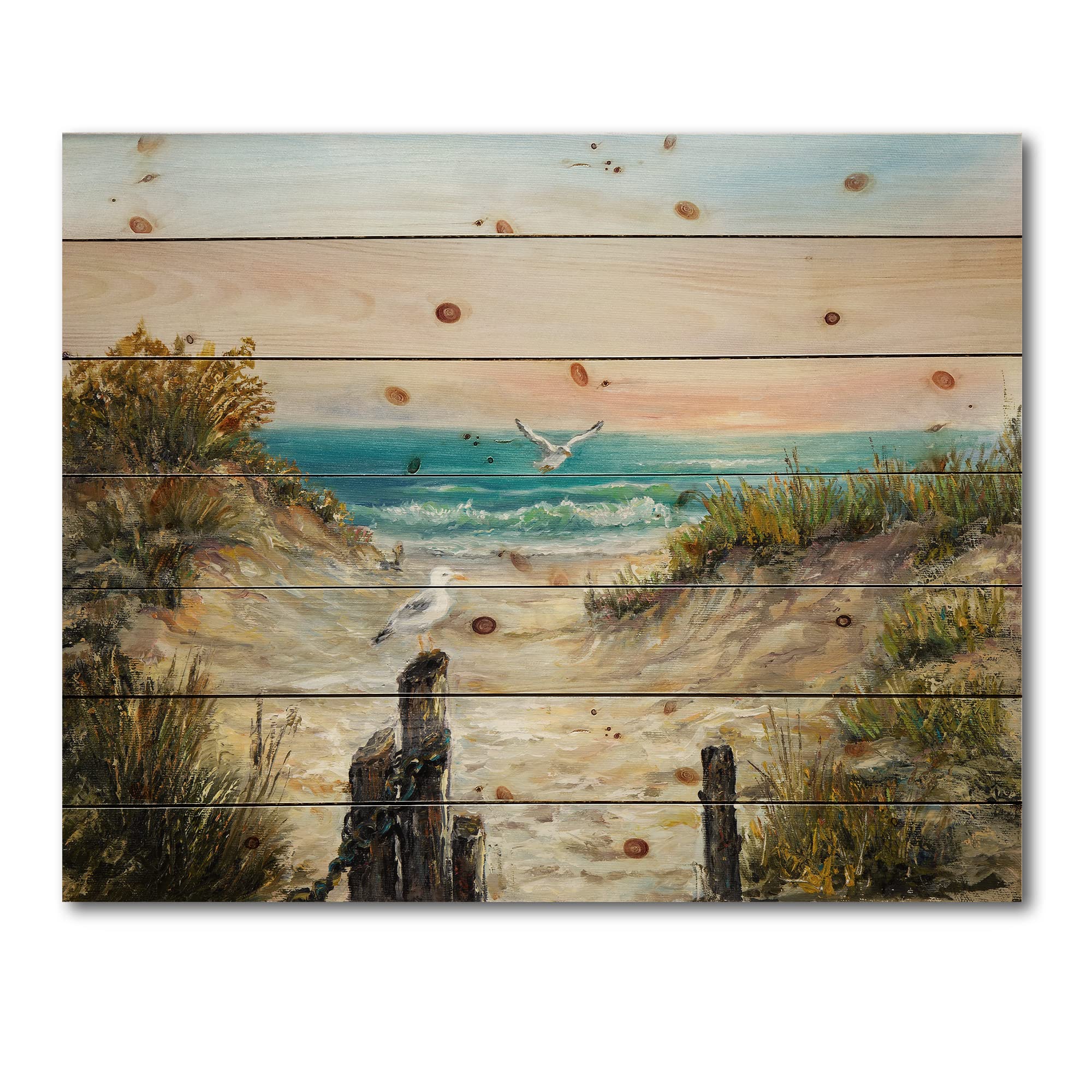 DesignQ Ocean Dunes Pink Sunset Nautical Coastal Wood Wall Art - Large Beach Wood Panel Decor Printed on Natural Pine - Perfect for Coastal Living Rooms, Beach House Decor & Ocean-Themed Bedrooms
