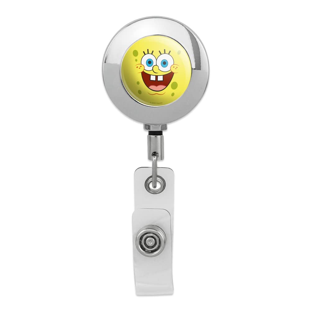 Spongebob Goofy Smile Retractable ID Badge Holder - Premium Metal Chrome Card Clip for Work, School & Events
