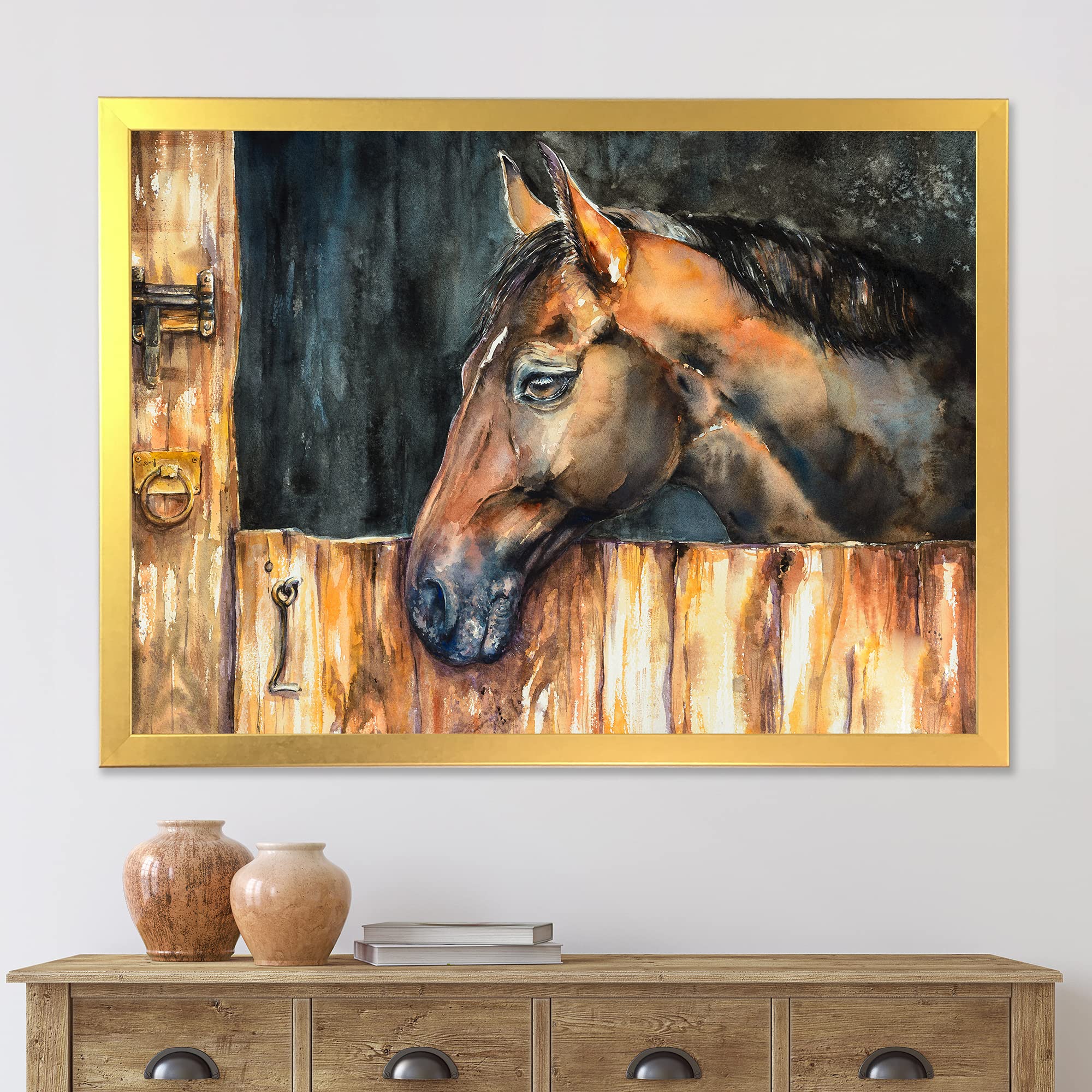 DesignQ Horse Head Wall Art - Farmhouse Decor Framed Stable Painting for Living Room, Bedroom & Office