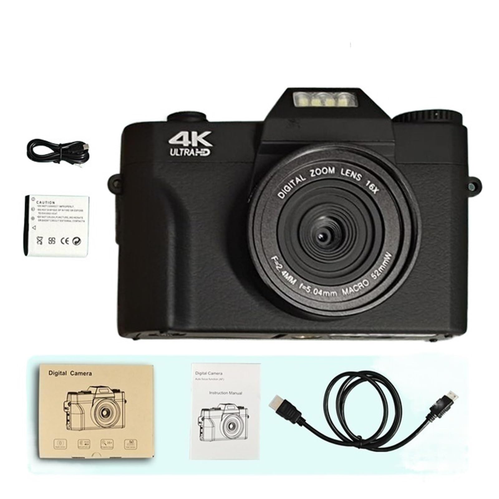 4K 48MP Digital Video Camera with Auto Focus & 16X Zoom - 60FPS Vlogging Camera for YouTube, Travel & Home Movies (No Wide Angle Lens, No WiFi) - Perfect for Content Creators, Travel Vloggers & Family Recording