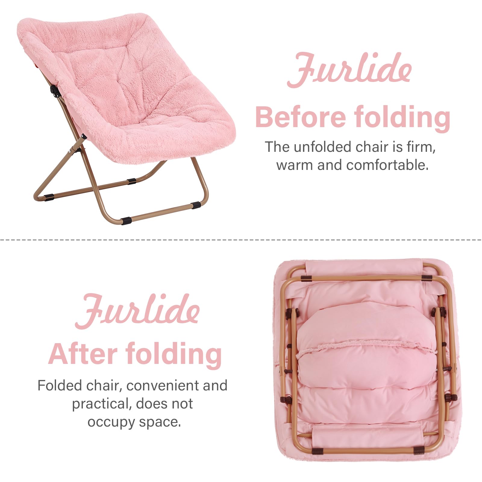 Extra Large Soft Saucer Chair with Ottoman - Oversized Folding Faux Fur Accent Chair, Foldable Metal Frame Lounge Chair for Bedroom, Living Room & Dorm (Pink) - Perfect for Relaxing, Reading & Small Space Decor
