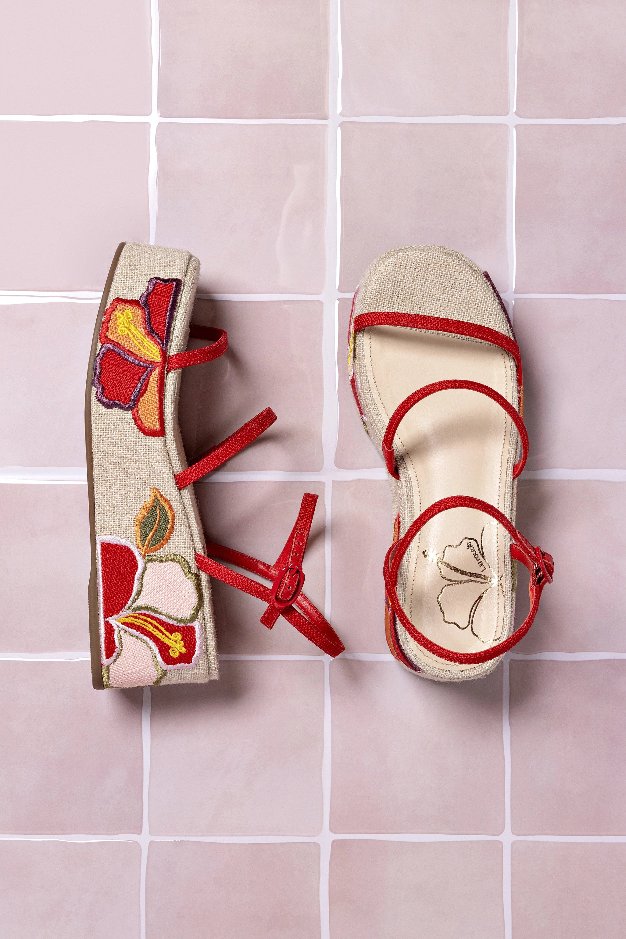 Gio Flatform Sandal - Women's Raffia Wedge Sandals with Hibiscus Embroidery | Comfortable Summer Beach Shoes for Vacation, Poolside & Boho Outfits