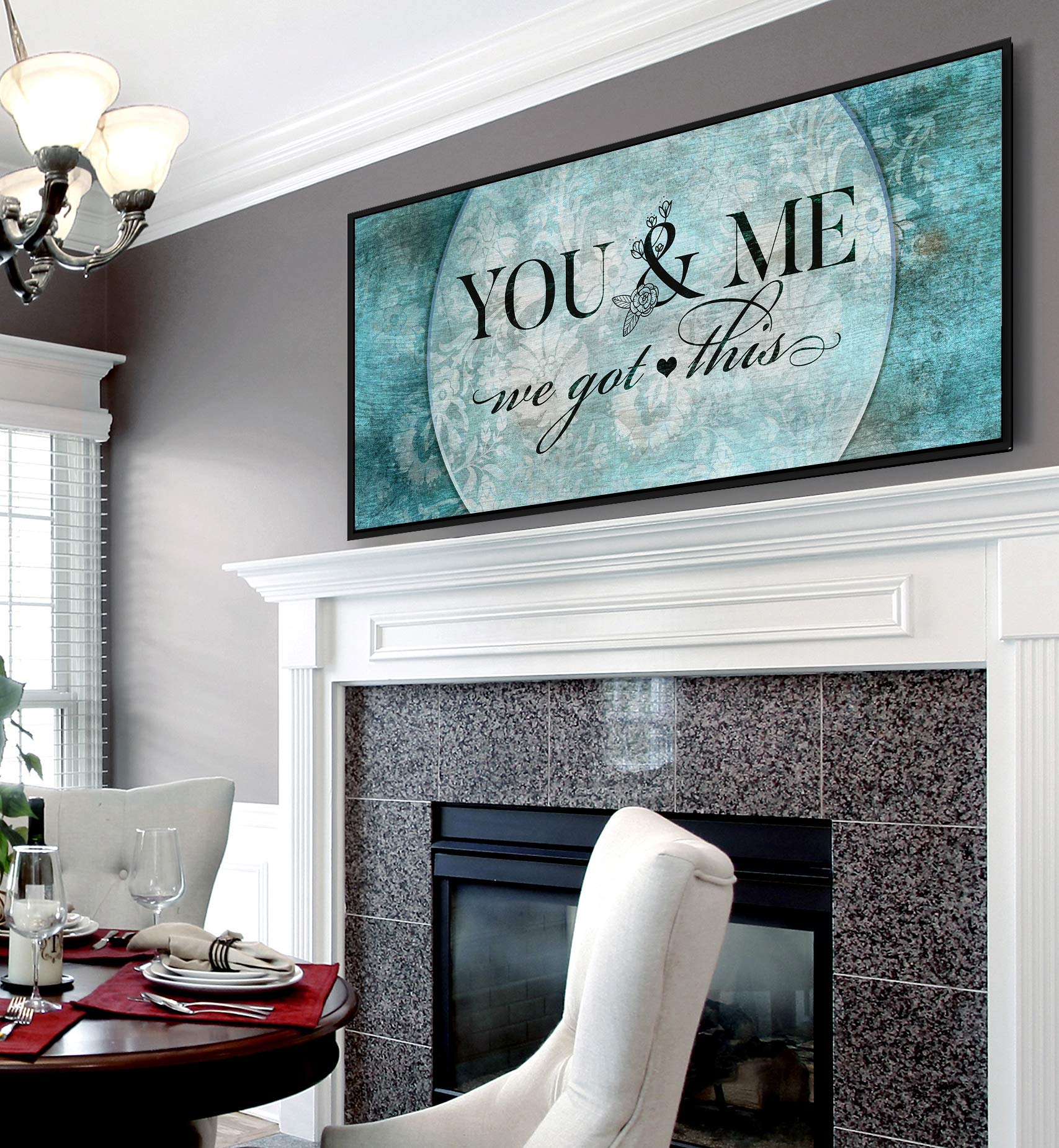 Above Bed Lovers Art - 'You & Me We Got This' Wood Framed Canvas Wall Decor - Rustic Bedroom Picture for Couples - Ready to Hang 60x27 Inch (Teal & Black Floating Frame) - Perfect for Master Bedroom, Guest Room & Anniversary Gifts