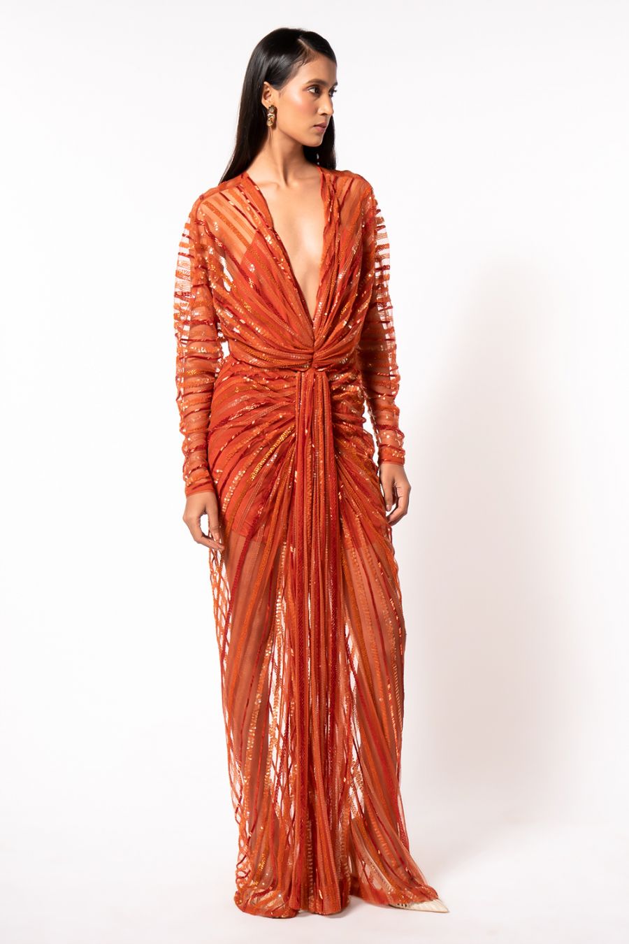 Elegant Tangerine Gown with Hand-Sewn Sequins - Perfect for Evening Parties, Prom Dresses & Special Occasions