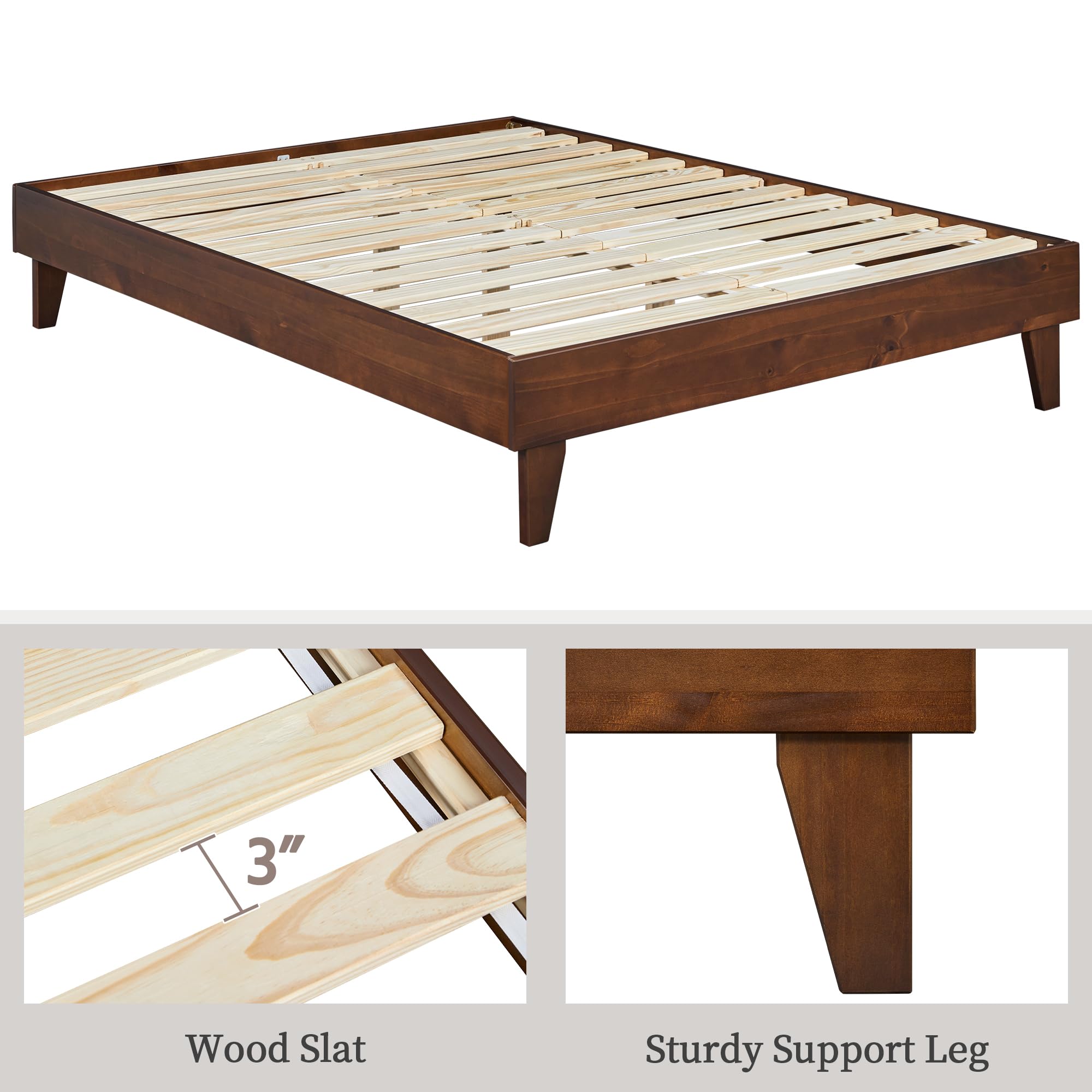 Yaheetech Queen Size Solid Pine Wood Platform Bed Frame with Wooden Slats - Headboard Compatible, 7.5
