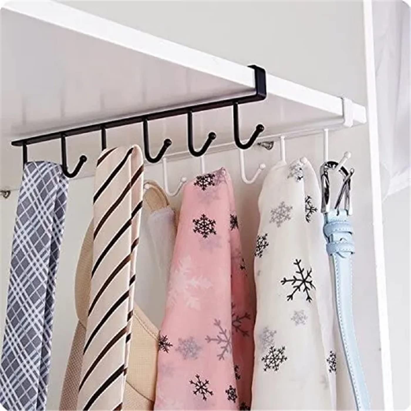 Mopslik - Under Shelf Coffee Mug Holder with 6 Hooks, Metal Hanging Rack Organizer for Kitchen, Cabinet, Table - Space Saving Storage Solution (Black, Pack of 1) - Perfect for Small Kitchens, Dorms, Offices & RVs
