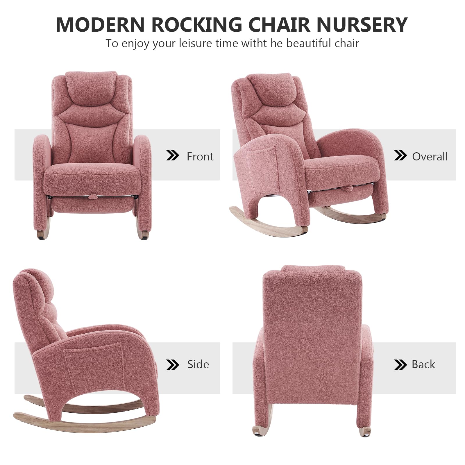 Hommoo Modern Teddy Fabric Rocking Chair with Adjustable Footrest - High Back Nursery Glider Rocker for Mom and Baby, Pink - Perfect for Nursery, Living Room & Bedroom Relaxation