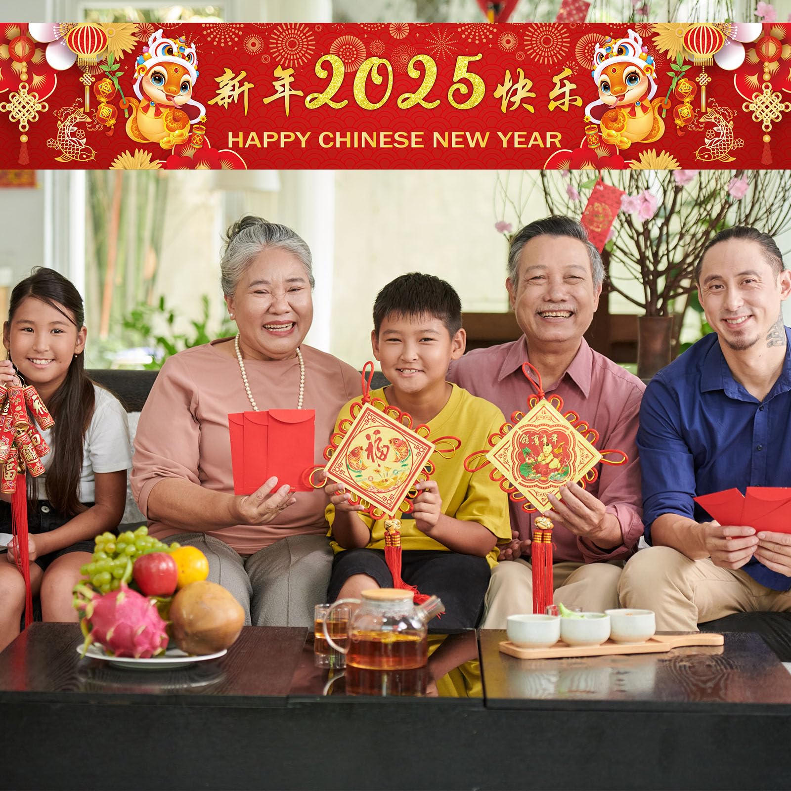 2025 Chinese New Year Snake Decorations - Large 8.2x1.5ft Fabric Happy New Year Banner for Spring Festival | Indoor/Outdoor Party Supplies, Wall Decor & Home Celebration