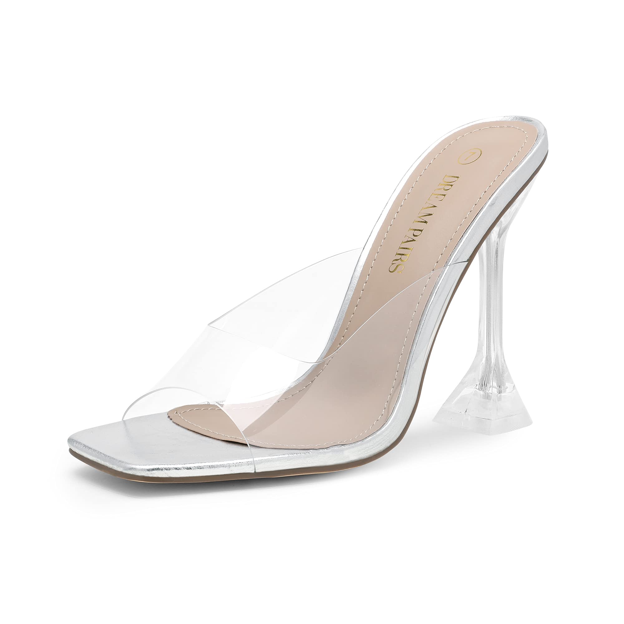 DREAM PAIRS Women's Clear Heels - Square Toe High Stiletto Mules Slip-On Sandals for Wedding, Party & Special Occasions