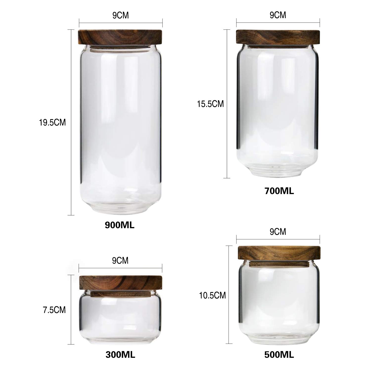 Premium Borosilicate Glass Food Storage Jars Set of 4 with Airtight Wooden Lids - Ideal for Coffee, Tea, Candy, Spice & Dry Food Organization in Kitchen, Pantry or Office