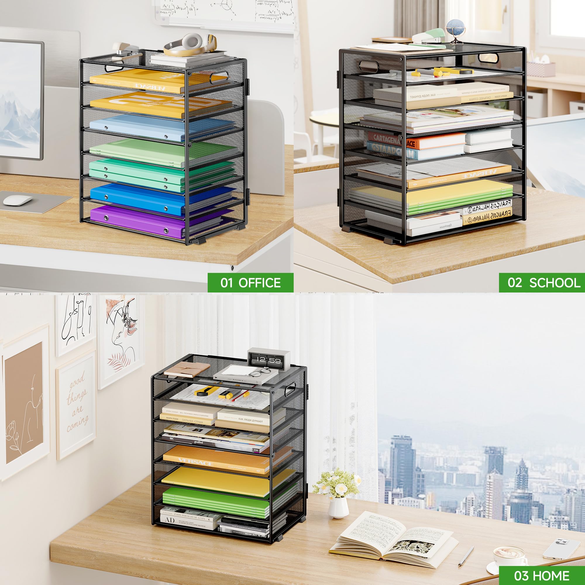 8-Tier Metal Mesh Desk File Organizer with Handle - Large Capacity Paper Letter Tray & Document Sorter for Office, Home or School - Black | Perfect for Organizing Bills, Mail, Files & Office Supplies on Desk or Countertop