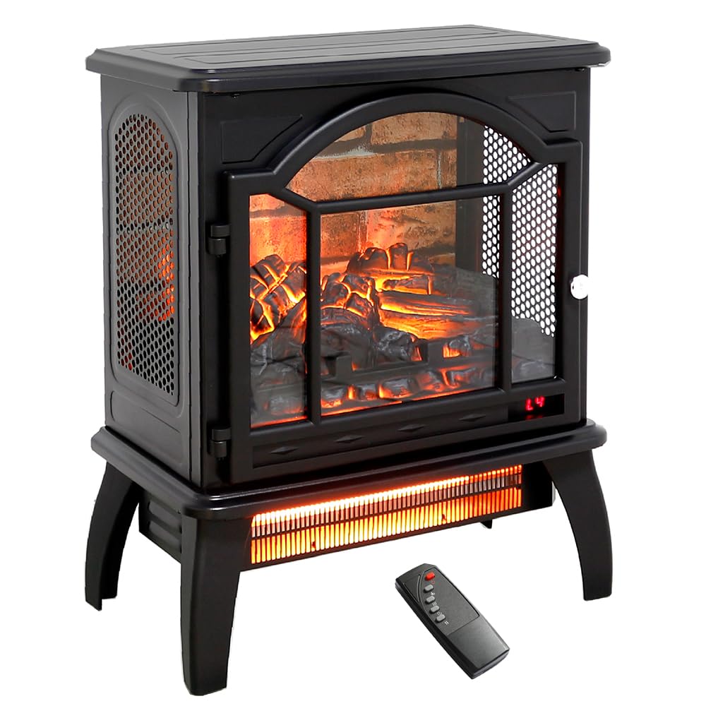 Freestanding Electric Fireplace Heater - 1500W Portable Infrared Fireplace Stove with 4 Realistic 3D Flame Effects, Adjustable Temperature & Timer, Remote Control - Perfect for Living Room, Bedroom, Office & Small Spaces