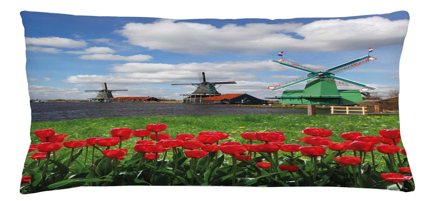 Ambesonne Dutch Windmill Throw Pillow Cover - Traditional Red Tulips & Scenic Amsterdam Riverscape - Decorative Rectangle Accent Cushion Case 36x16 Inches - Perfect for Living Room, Bedroom & Home Decor