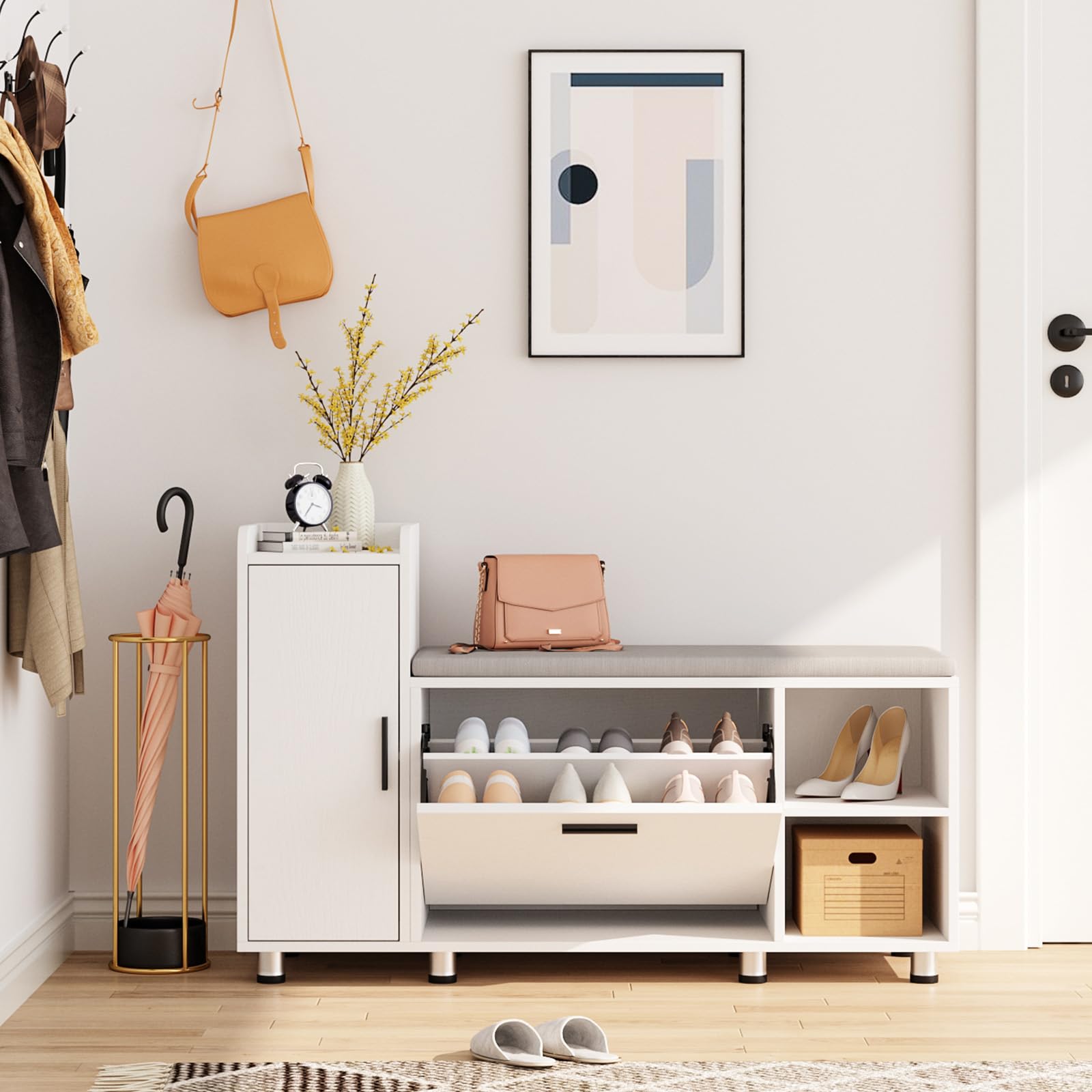 Maupvit Shoe Storage Bench with Flip Drawer Shoe Cabinet - 8 Adjustable Metal Feet, White Entryway Organizer for Hallway, Bedroom & Closet Storage Solution