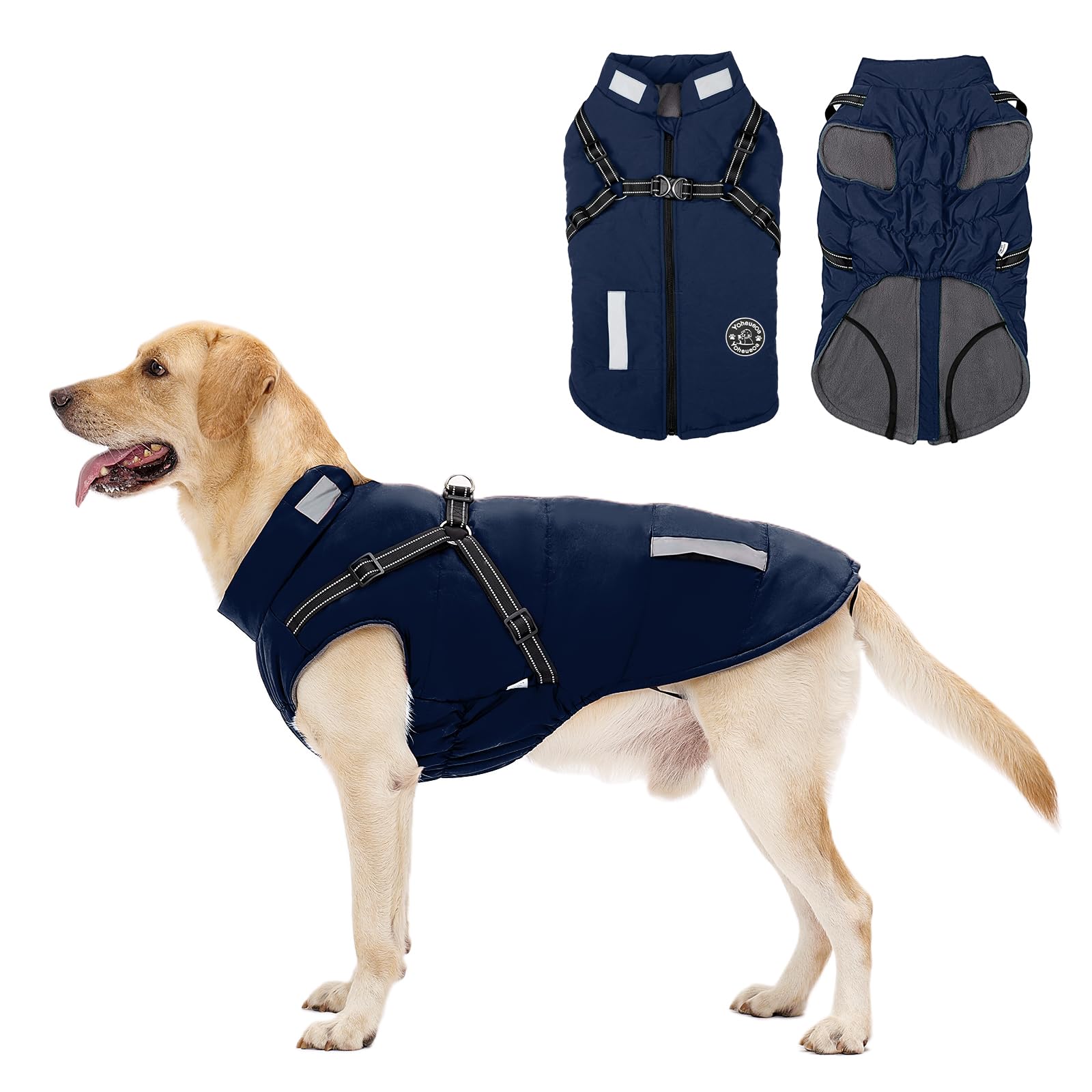 Warm Dog Jacket with Built-in Harness - Fleece Winter Coat for Small Medium Large Dogs | Waterproof Reflective Vest for Cold Weather | Navy Blue | Perfect for Outdoor Walks & Winter Adventures