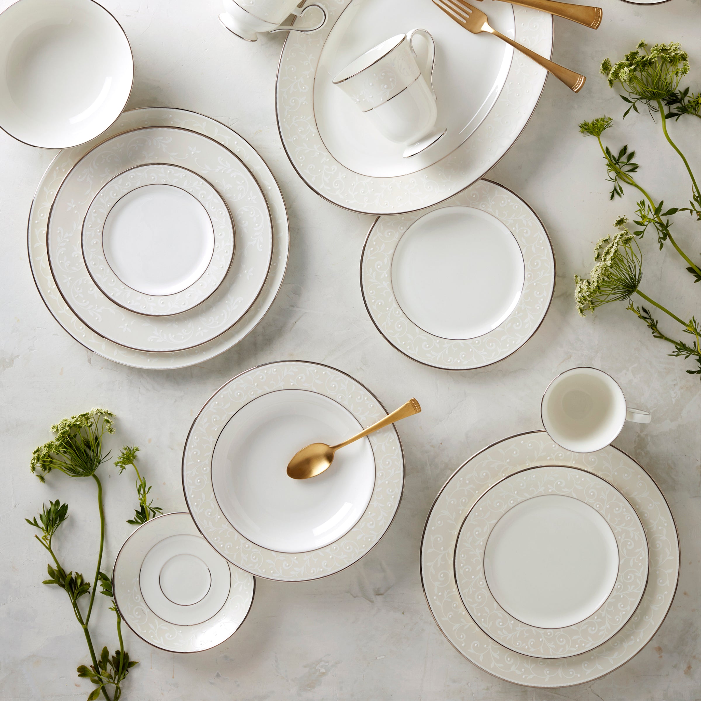 Opal Innocence 5-Piece Dinnerware Set - Elegant Bone China Plates, Bowls & Cups for Formal Dining & Special Occasions