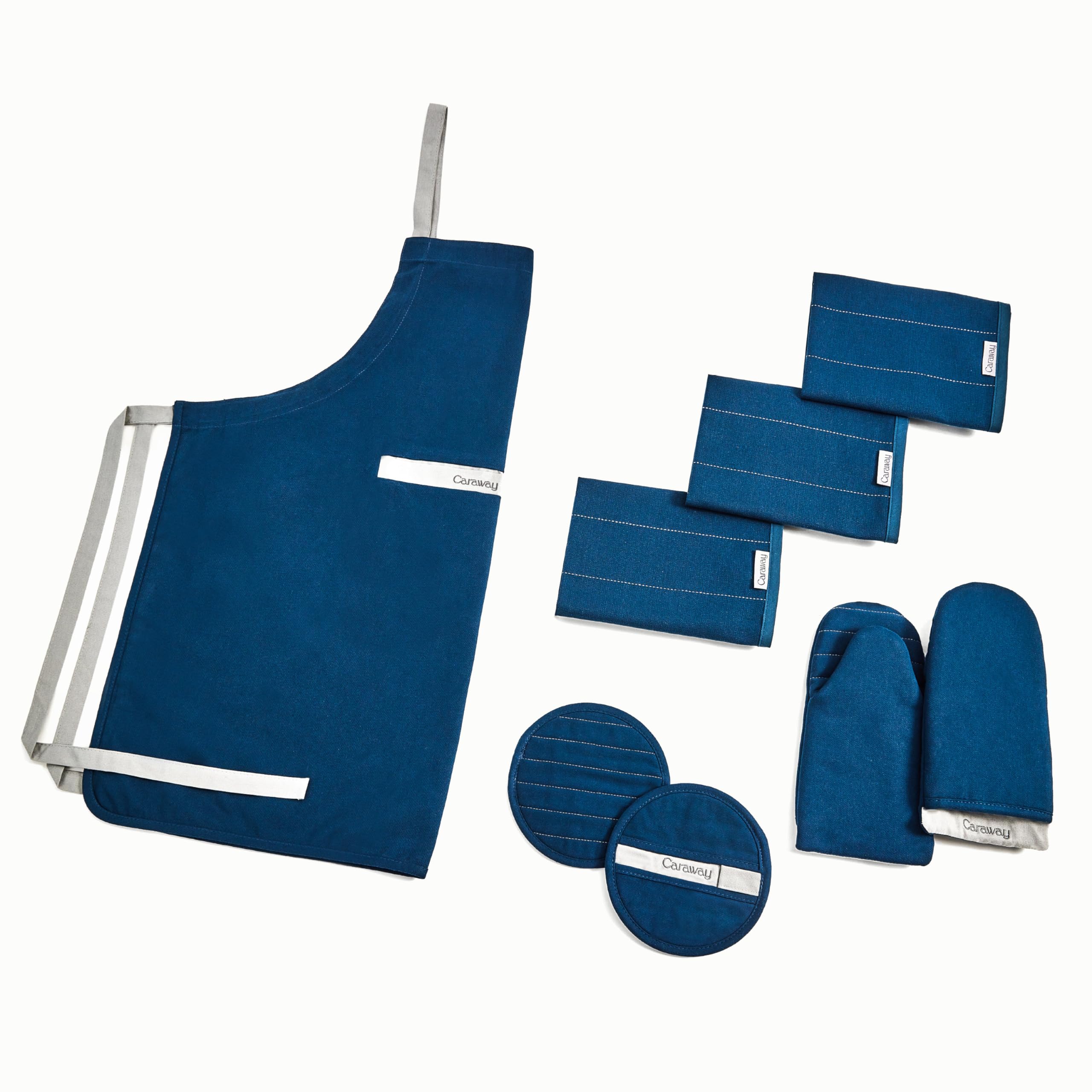 Organic Cotton Caraway Linen Set - Apron, Pot Holders, Oven Mitts & Tea Towels - 100% Natural Fabric - Durable & Machine Washable Kitchen Essentials for Cooking, Baking & Home Decor