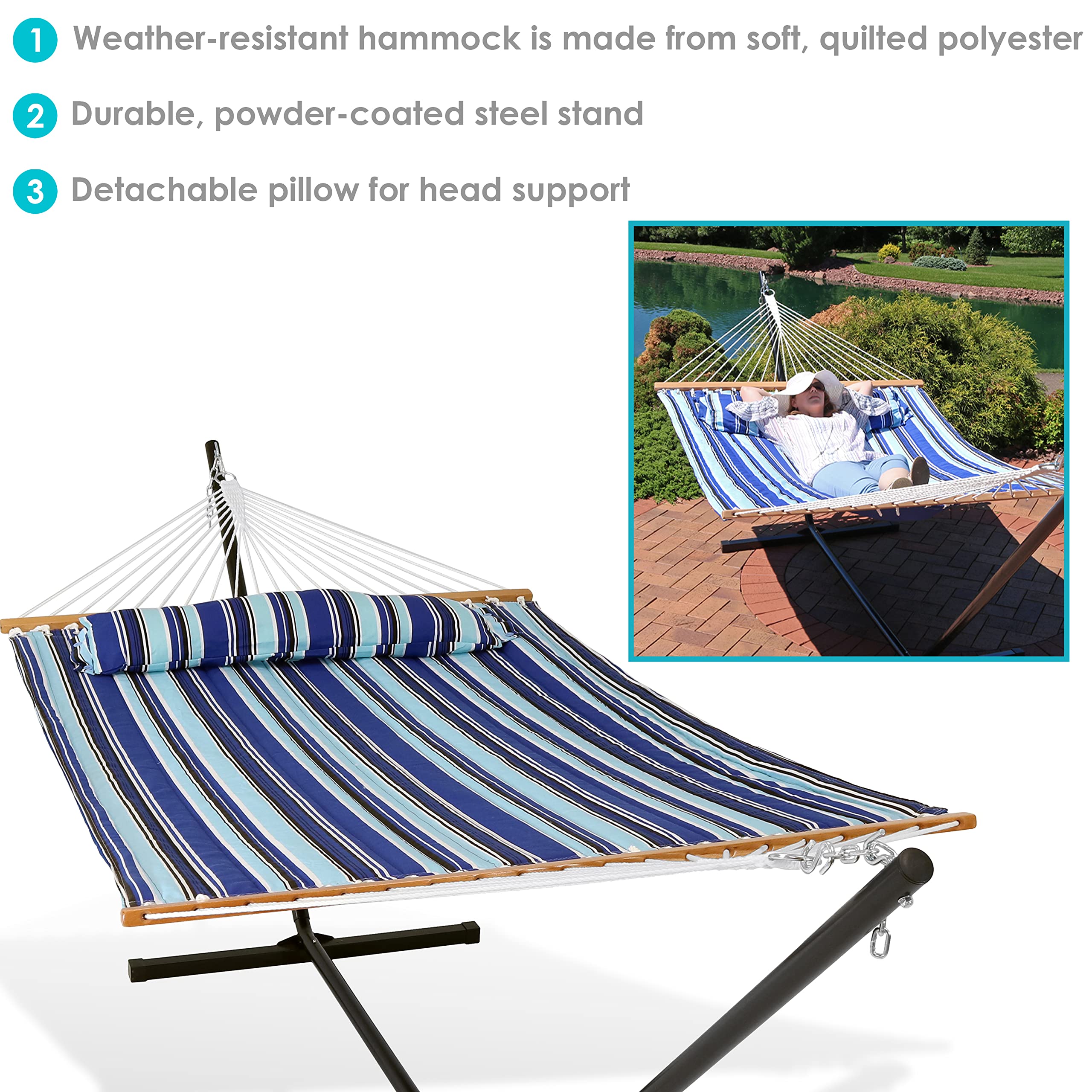 Premium Sunnydaze Quilted Double Hammock with 12-Foot Steel Stand - 350 lb Capacity for 2 Persons - Perfect for Backyard, Beach, Camping & Outdoor Relaxation - Catalina Beach Design