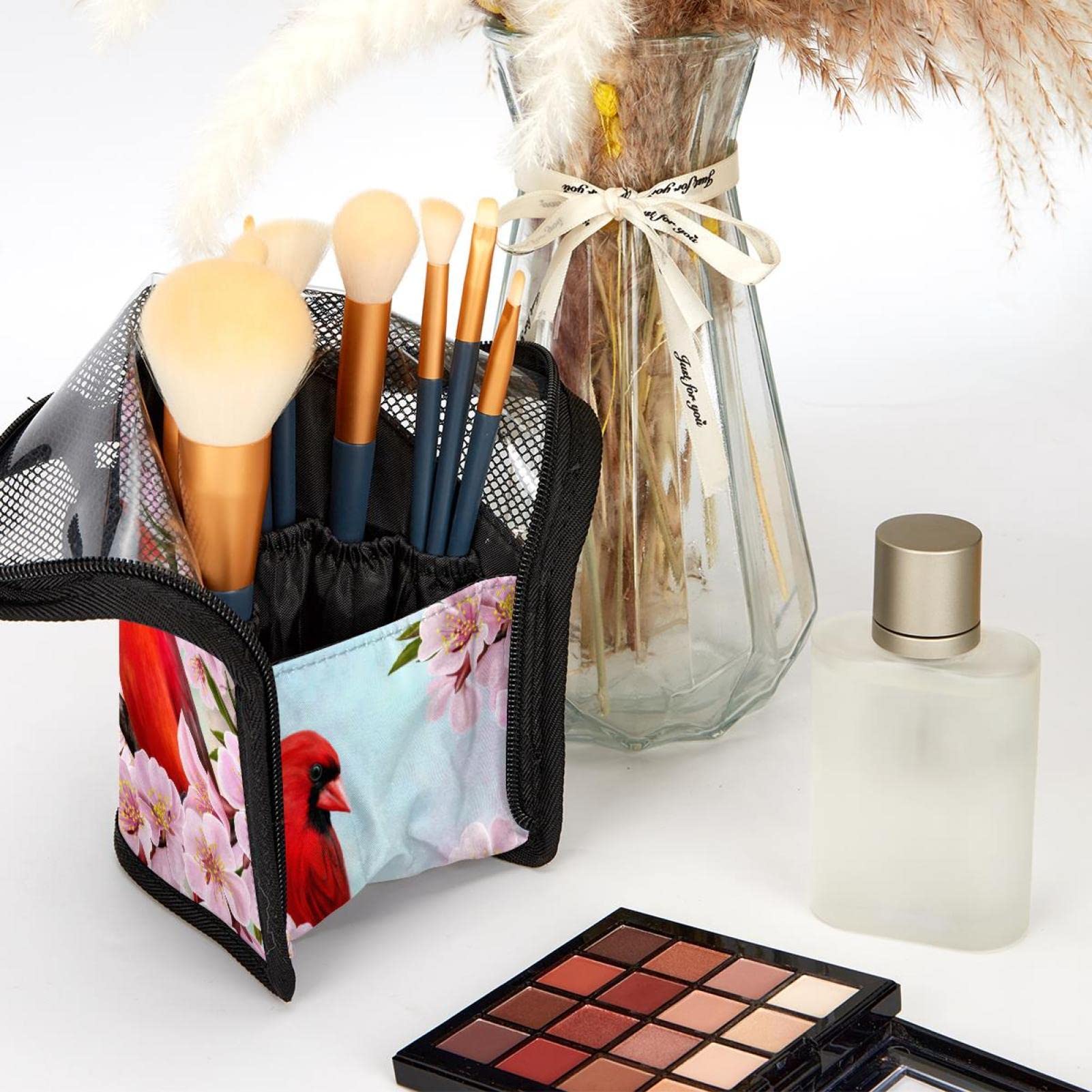 12-Piece Makeup Brush Organizer Bag with Portable Case - Red Bird Pink Cherry Blossom Design | Travel-Friendly Cosmetic Brush Holder for Home & On-The-Go Use