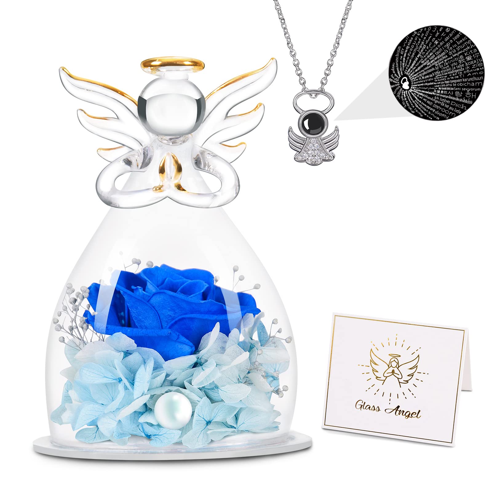 Real Preserved Rose in Glass Dome with Angel Figurine & 'I Love You' Necklace - Romantic Gift for Mom, Wife, Grandma on Mother's Day, Birthday, Christmas | Perfect for Home Decor, Anniversary Surprise & Special Occasions (Blue)