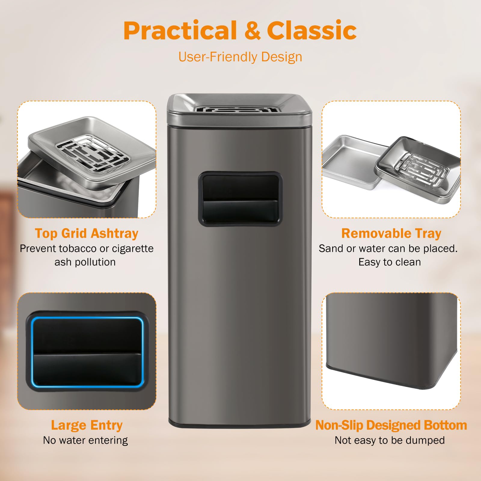 BEAMNOVA 13 Gallon Stainless Steel Trash Can with Lid - Commercial & Industrial Garbage Bin for Indoor/Outdoor Use - Brushed Metal Finish, 11.8 x 9.8 x 26.8 Inches - Perfect for Kitchen, Office, Restaurant, and Outdoor Spaces