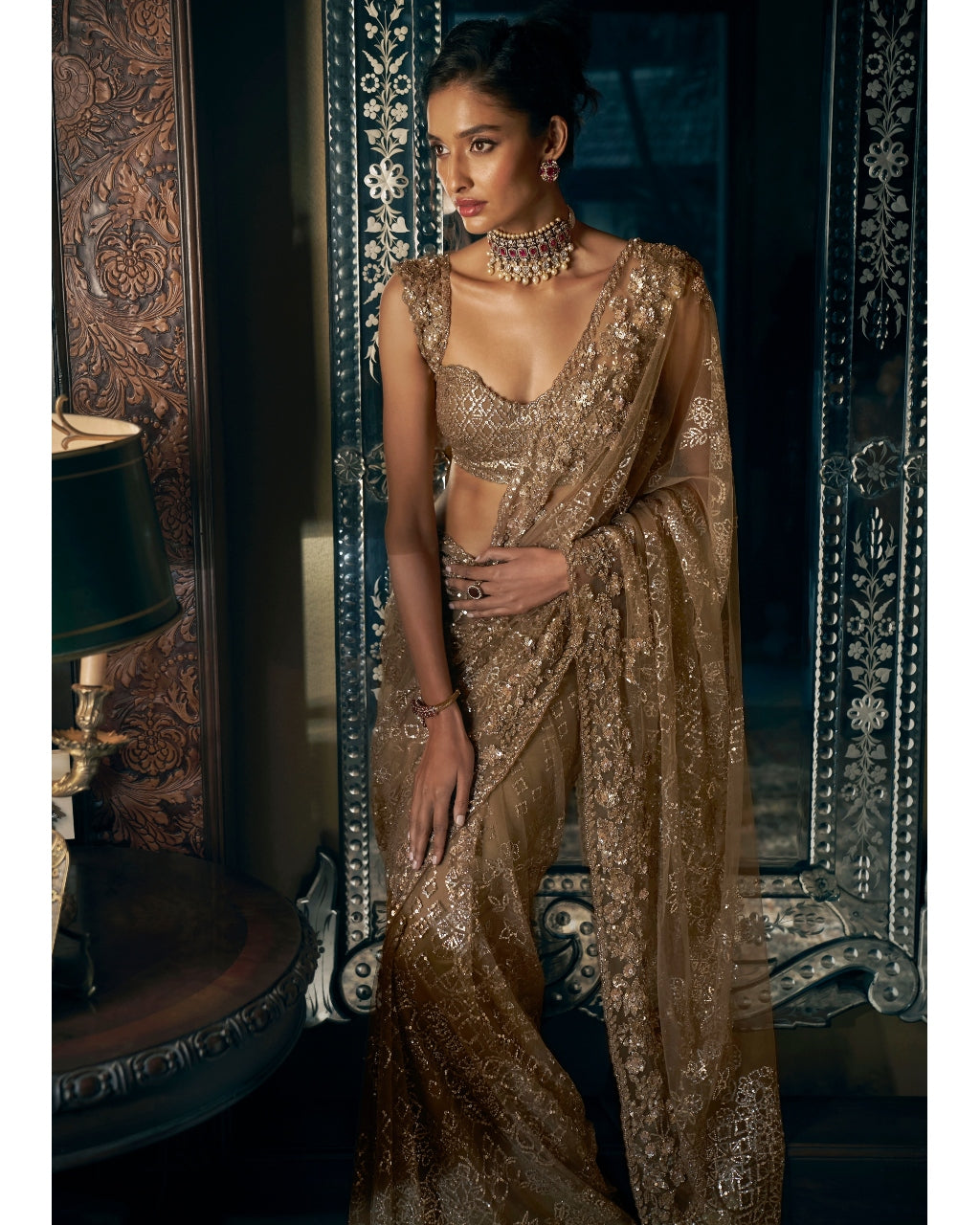 Antique Gold Sequin Sari Set - Elegant Indian Bridal Outfit for Weddings, Parties & Festive Occasions