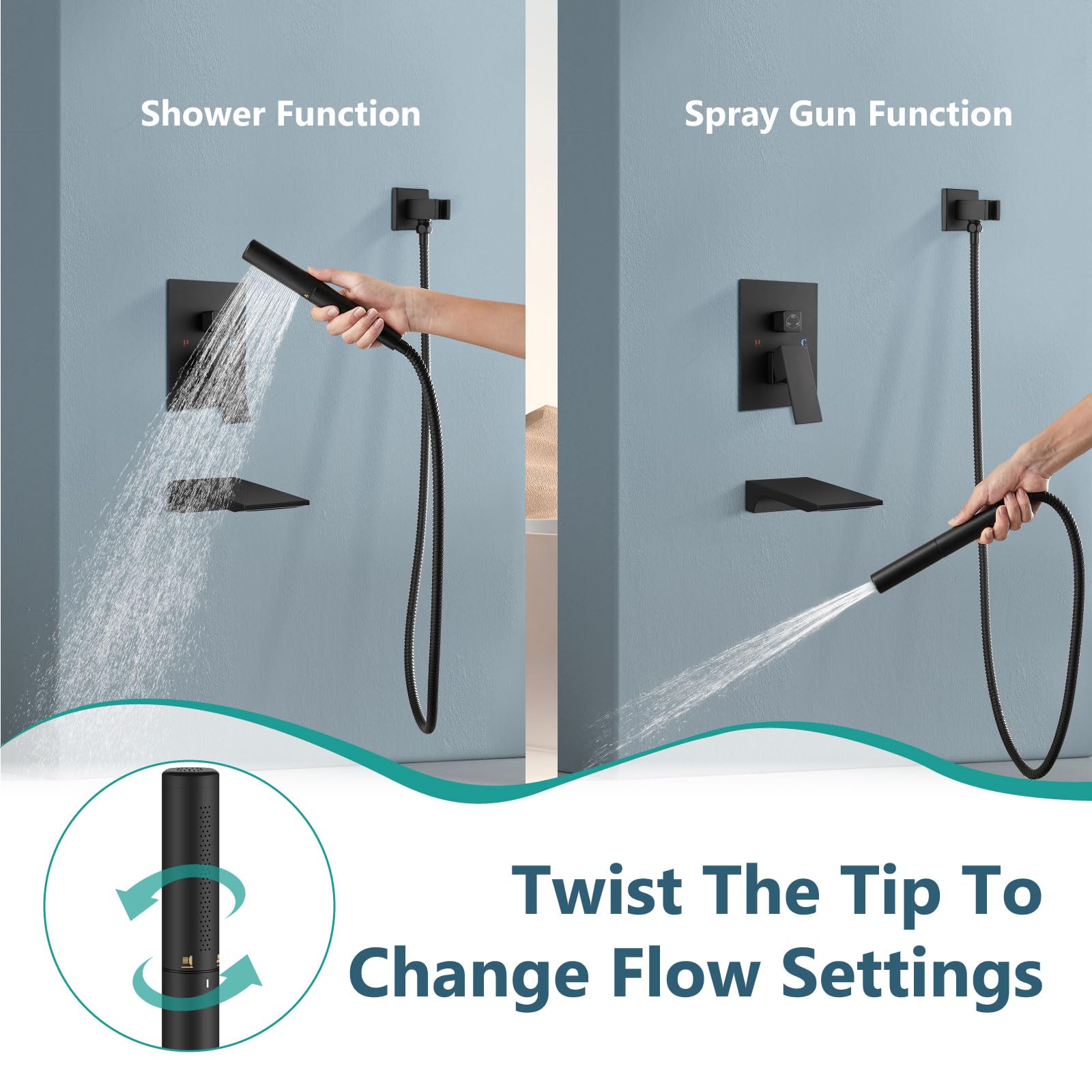 Aolemi Matte Black Shower System - 8 Inch Rainfall Shower Head with 2-in-1 Handheld & Waterfall Spout, Wall Mount Tub Faucet Combo Set with Rough-in Valve - Perfect for Modern Bathroom Renovation & Spa-Like Shower Experience