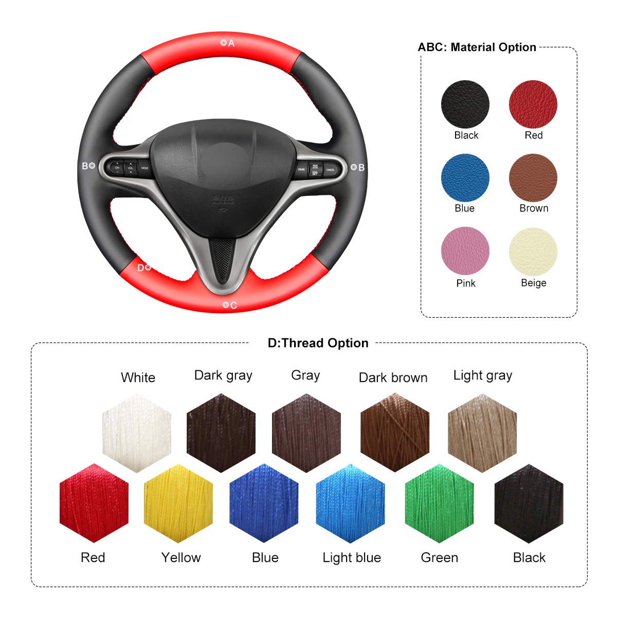 MEWANT DIY Hand Sewing Steering Wheel Cover for Honda Civic 8th Gen 2006-2009 (3-Spoke) - Breathable Red & Black Leather Wrap with Red Stitching - Perfect for Custom Car Interior Upgrade & Comfortable Driving