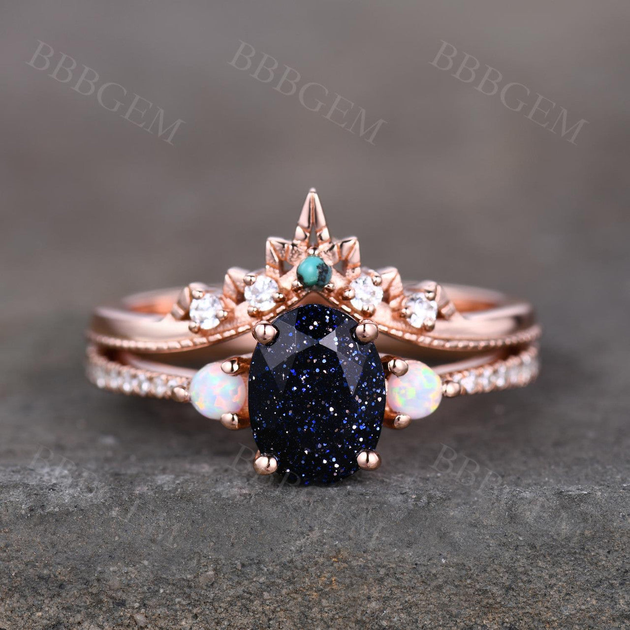 5x7mm Oval Cut Pink Gold Blue Sandstone Half Eternity Diamond Wedding Band Set - Curved Matching Bridal Rings for Engagement, Anniversary & Special Occasions