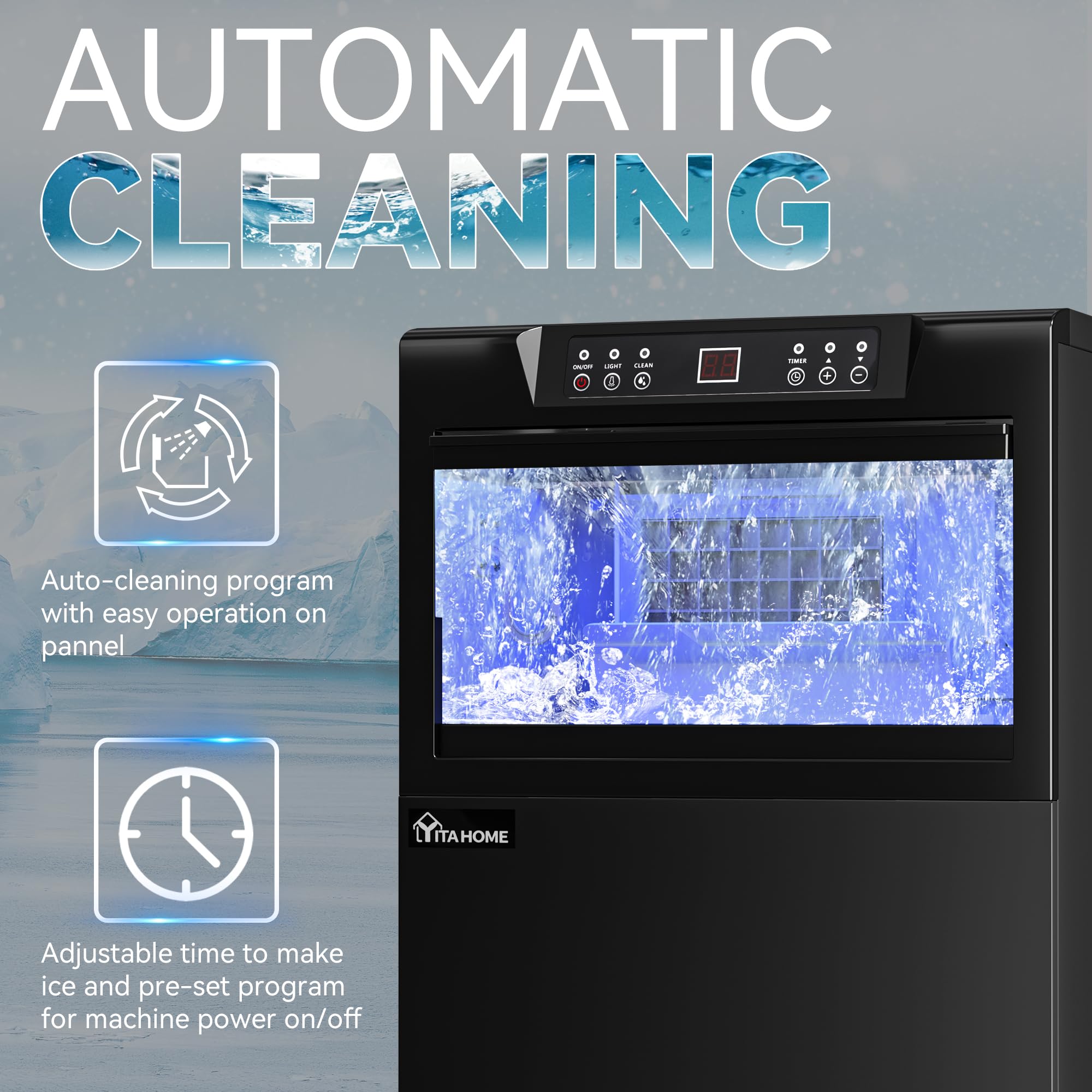 YITAHOME 2-Way Water Inlet Commercial Ice Maker Machine - 100LBS/24H Capacity with 33LBS Storage Bin - Under Counter or Freestanding Ice Machine with Stainless Steel Ice Scoop & Bucket - Perfect for Restaurants, Bars, Cafes, and Home Use