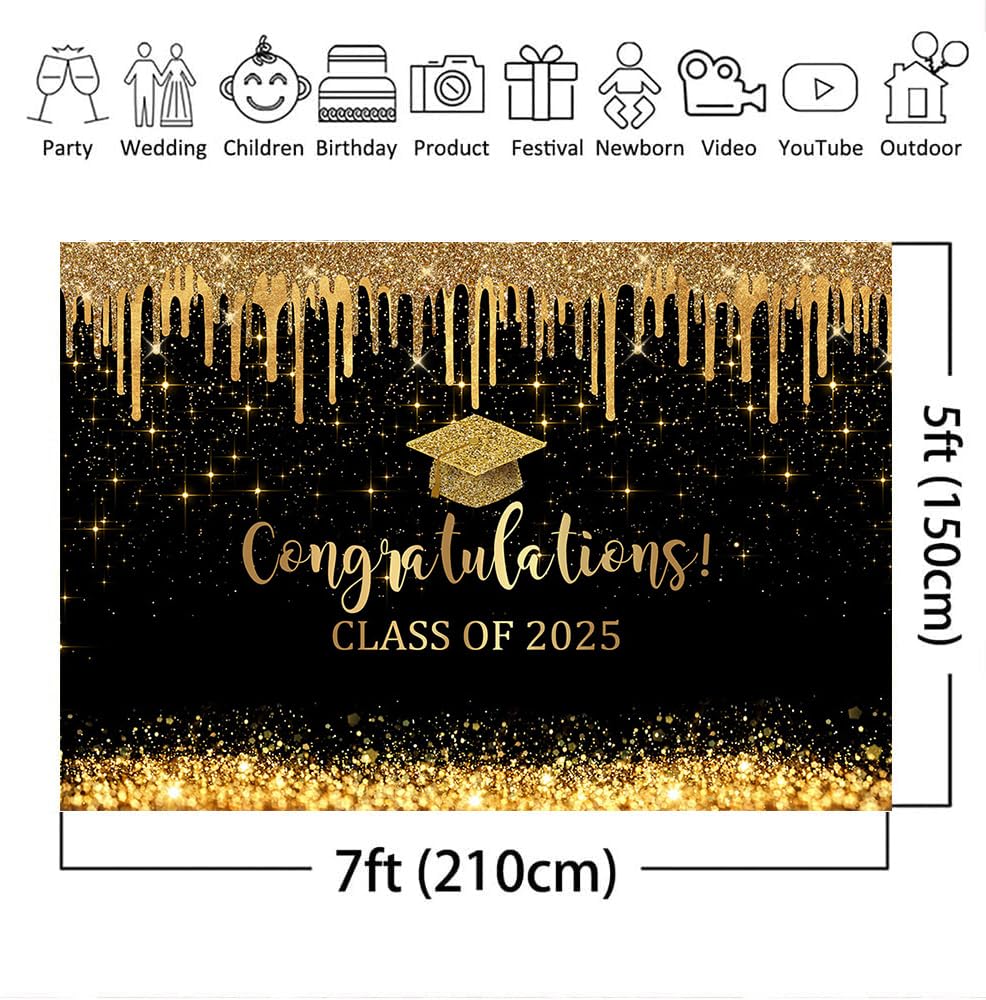 2025 Black & Gold Graduation Backdrop 7x5ft - Class of 2025 Congrats Grad Banner & Photo Background - Perfect for Graduation Parties, School Events & Photo Booths