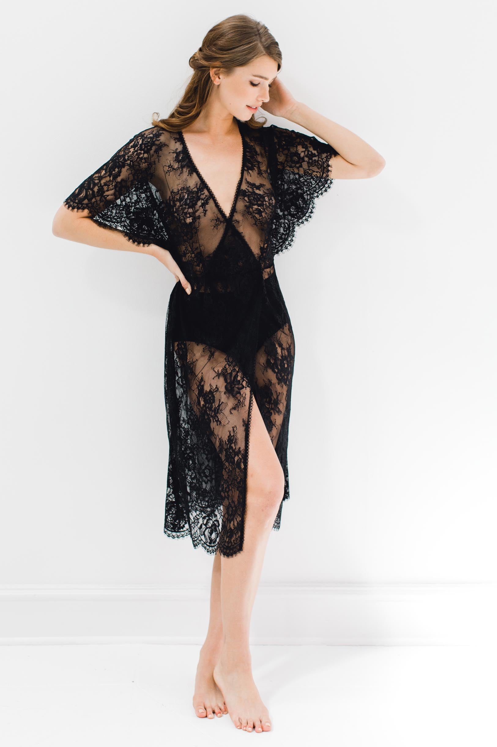 Anita Black Midi Lace Robe with Flutter Kimono Sleeves - Elegant Loungewear for Bridal Shower, Honeymoon & Special Occasions