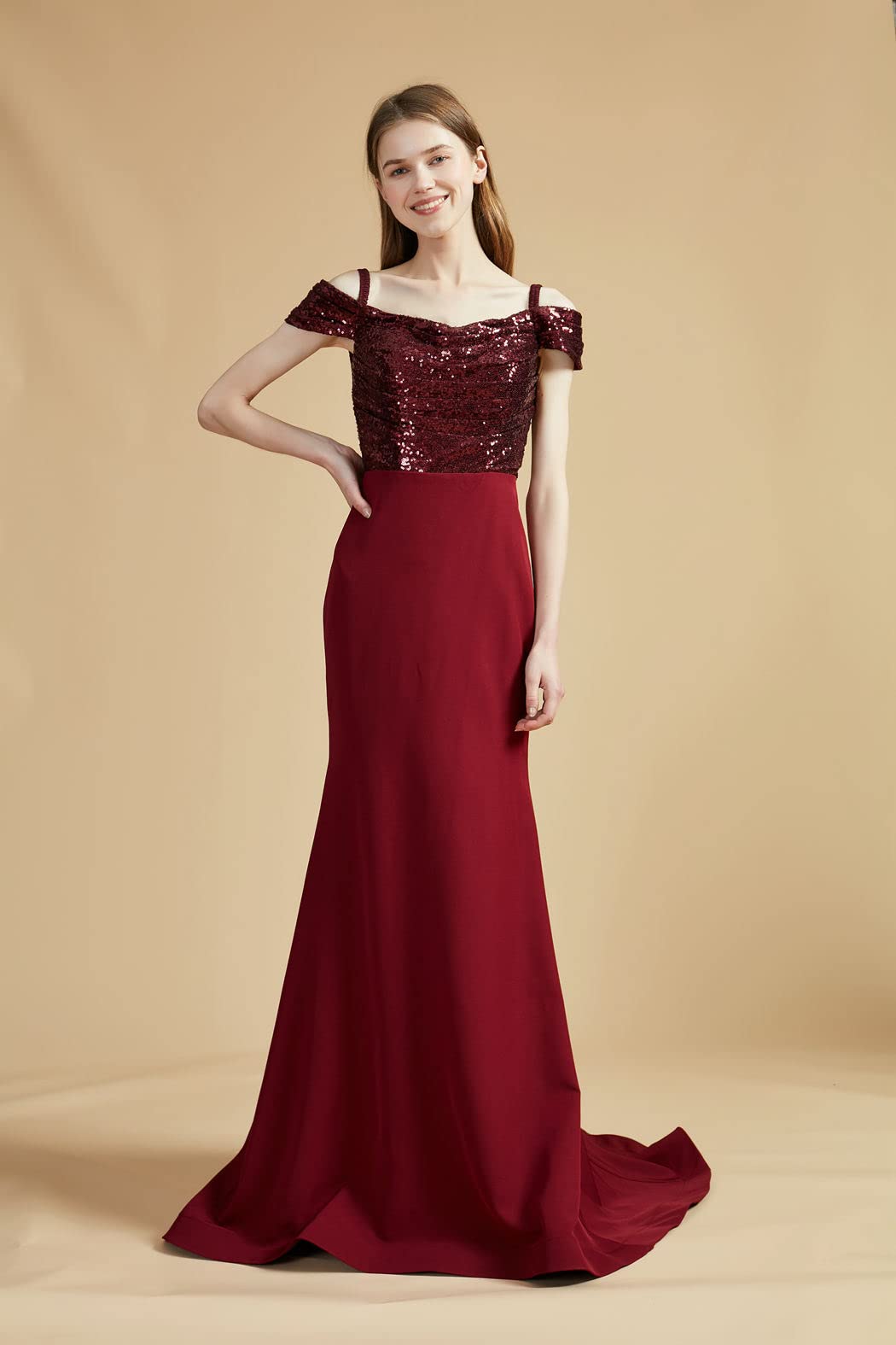Elegant Burgundy Sequin Mermaid Bridesmaid Dress - Long Off Shoulder Formal Gown for Weddings, Prom & Special Occasions