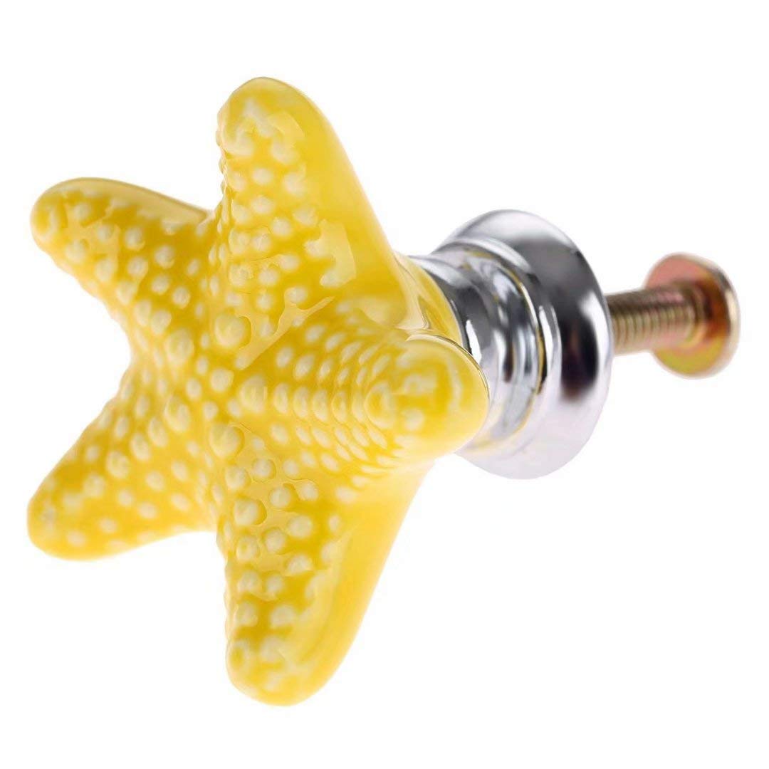 Yellow Starfish Ceramic Drawer Pulls Handles - 6 Pack for Nursery Dresser, Cupboard, Wardrobe & Kitchen Cabinets - Beach & Ocean Theme Cabinet Knobs - Perfect for Coastal Decor, Kids' Rooms & Bathroom Makeovers
