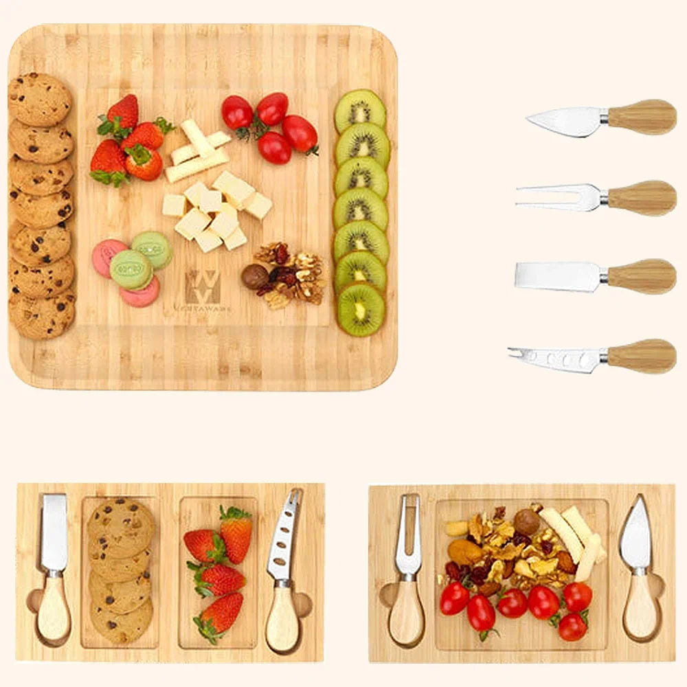 2-Piece Bamboo Cheese Board Set - 13 Inch Natural Wood Charcuterie Platter for Serving Cheese, Fruits & Charcuterie - Perfect for Parties, Picnics & Entertaining