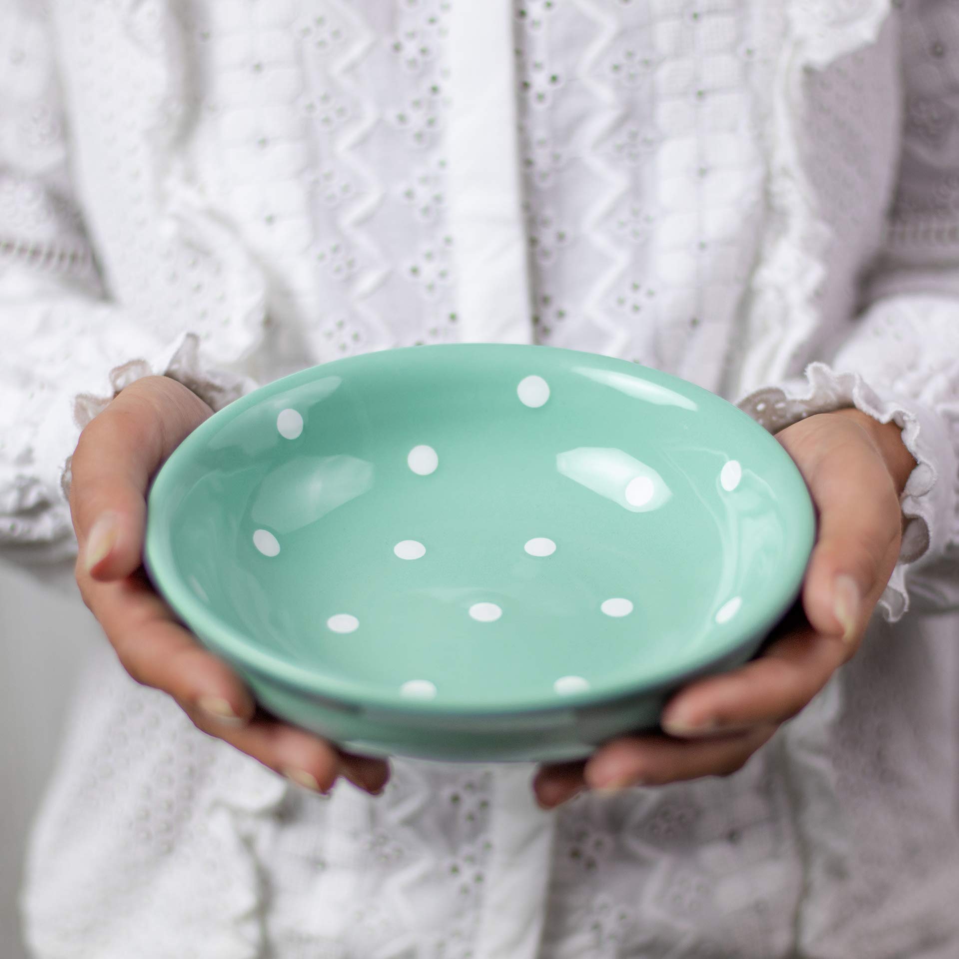 Handmade Teal Blue and White Polka Dot Glazed Ceramic Bowl - 7.3 inch (18.5cm), 14oz (400ml) for Salad, Pasta, Fruit, Cereal & Soup | Unique Dinnerware for Kitchen, Dining & Home Decor | Perfect Housewarming Gift for New Homeowners