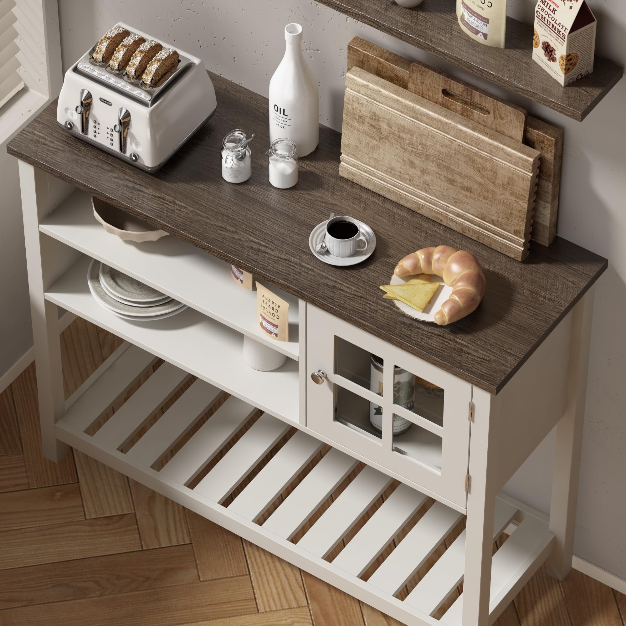 ChooChoo Farmhouse Coffee Bar Cabinet with Storage - White Sideboard Buffet with Glass Doors, Kitchen Console Table for Hallway & Entryway | Perfect for Coffee Station, Dining Room Storage & Farmhouse Decor
