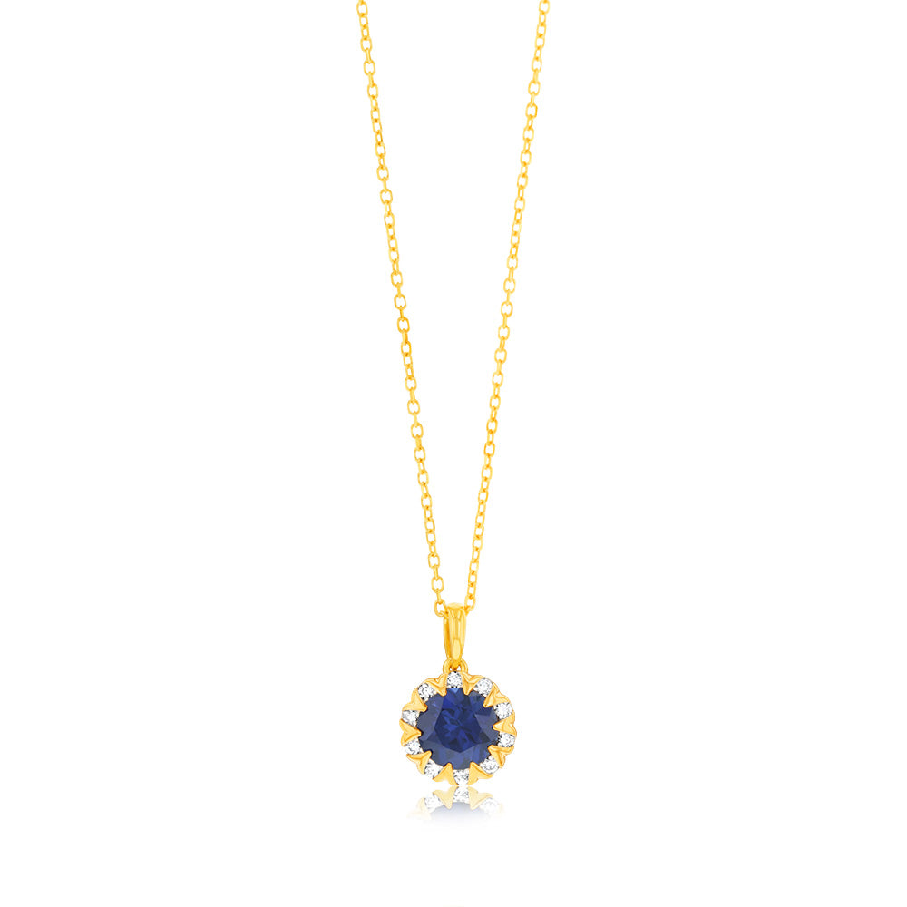 1 Carat Lab-Created Sapphire & Diamond Pendant Necklace with 45cm 9K Yellow Gold Chain - Elegant Jewelry Gift for Women, Perfect for Weddings, Anniversaries & Special Occasions