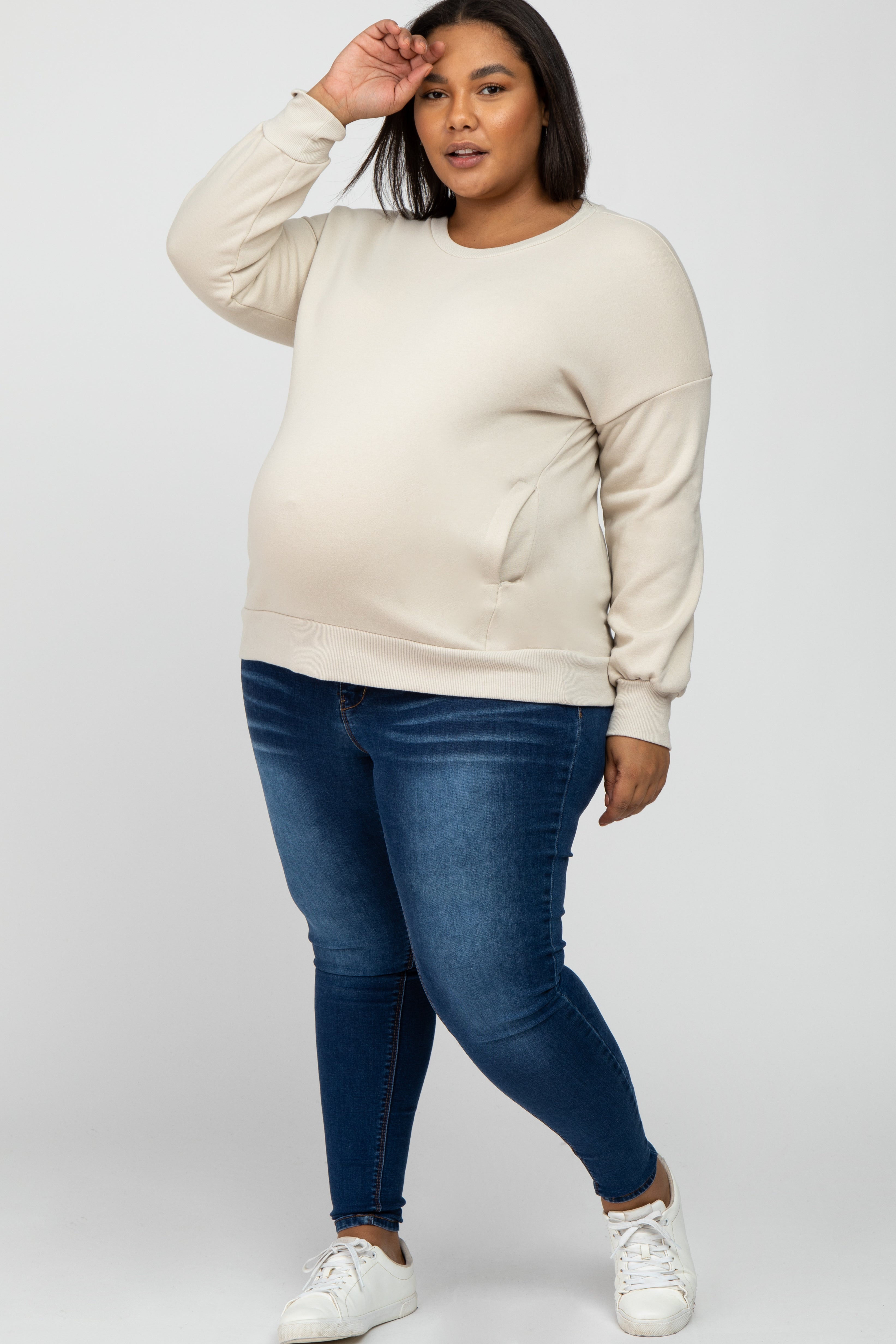 Beige Maternity Sweatshirt with Pockets - Soft & Comfortable Pregnancy Clothes for Women - Perfect for Casual Wear, Lounging & Maternity Photos