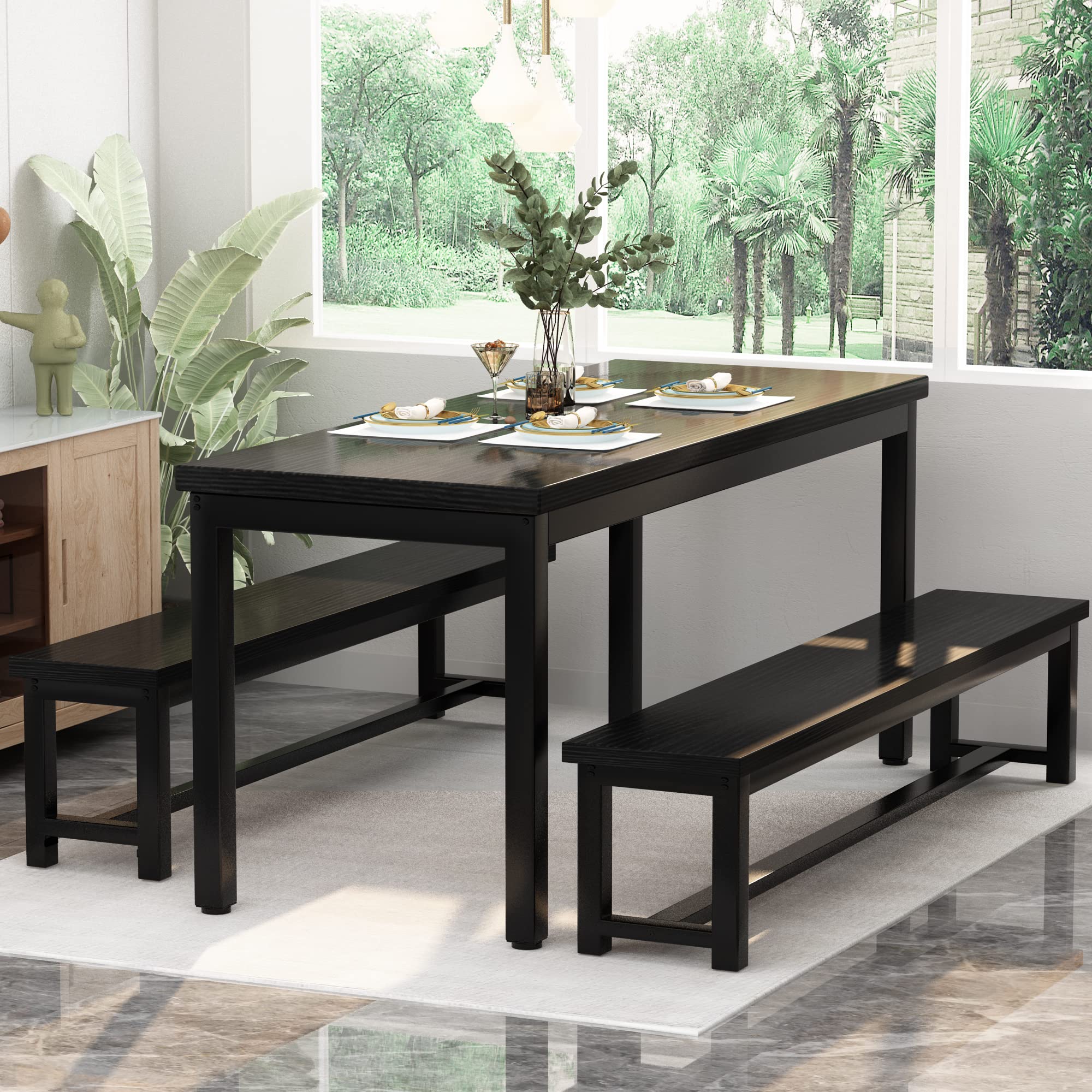 AWQM 43.3 Inch 4-Person Dining Table Set with 2 Benches - Sturdy Metal Frame & Thickened Wood Top - Perfect for Kitchen, Restaurant, Cafe, or Small Space Dining - Black Modern Furniture