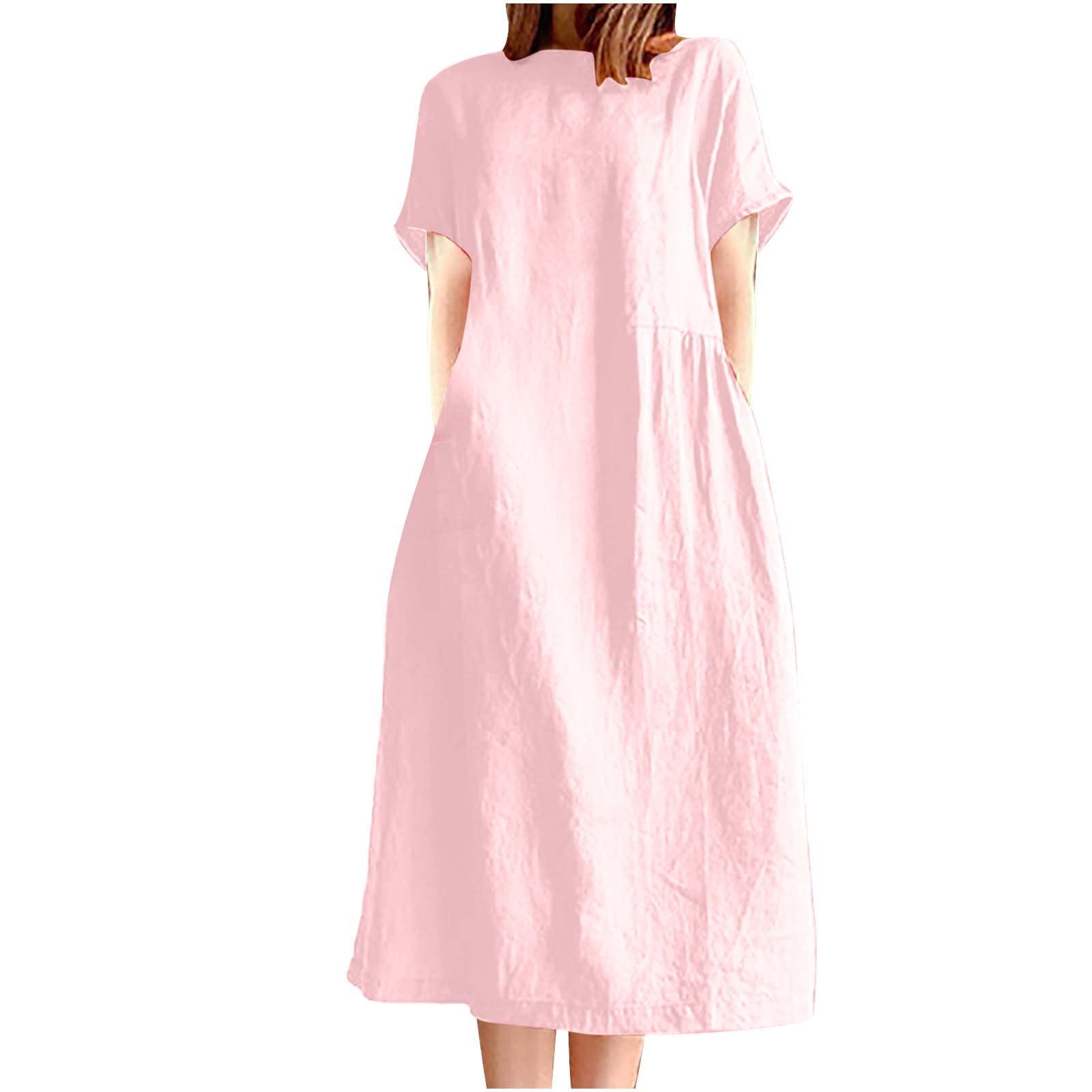 YZHM Women's Short Sleeve Cotton Linen Dress - Breathable Summer Midi Dress with Crew Neck, Solid Color Casual Loose Fit for Daily Wear | Perfect for Beach Outings, Brunch Dates & Vacation Outfits