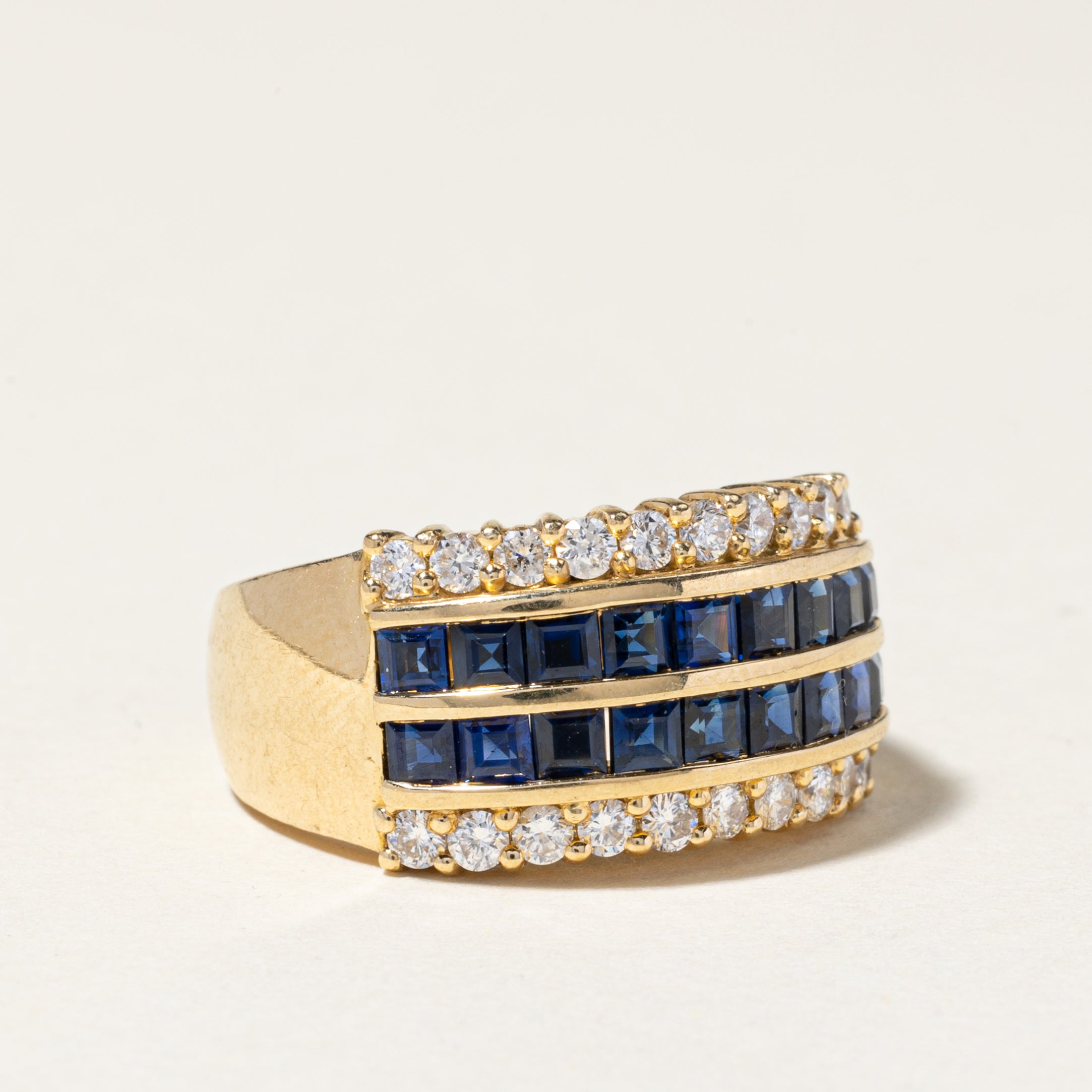18K Yellow Gold Double Row Sapphire and Diamond Ring - 1.52ctw Sapphires & 0.60ctw Diamonds - Size 6.25 - Elegant Wedding, Engagement & Anniversary Jewelry Gift