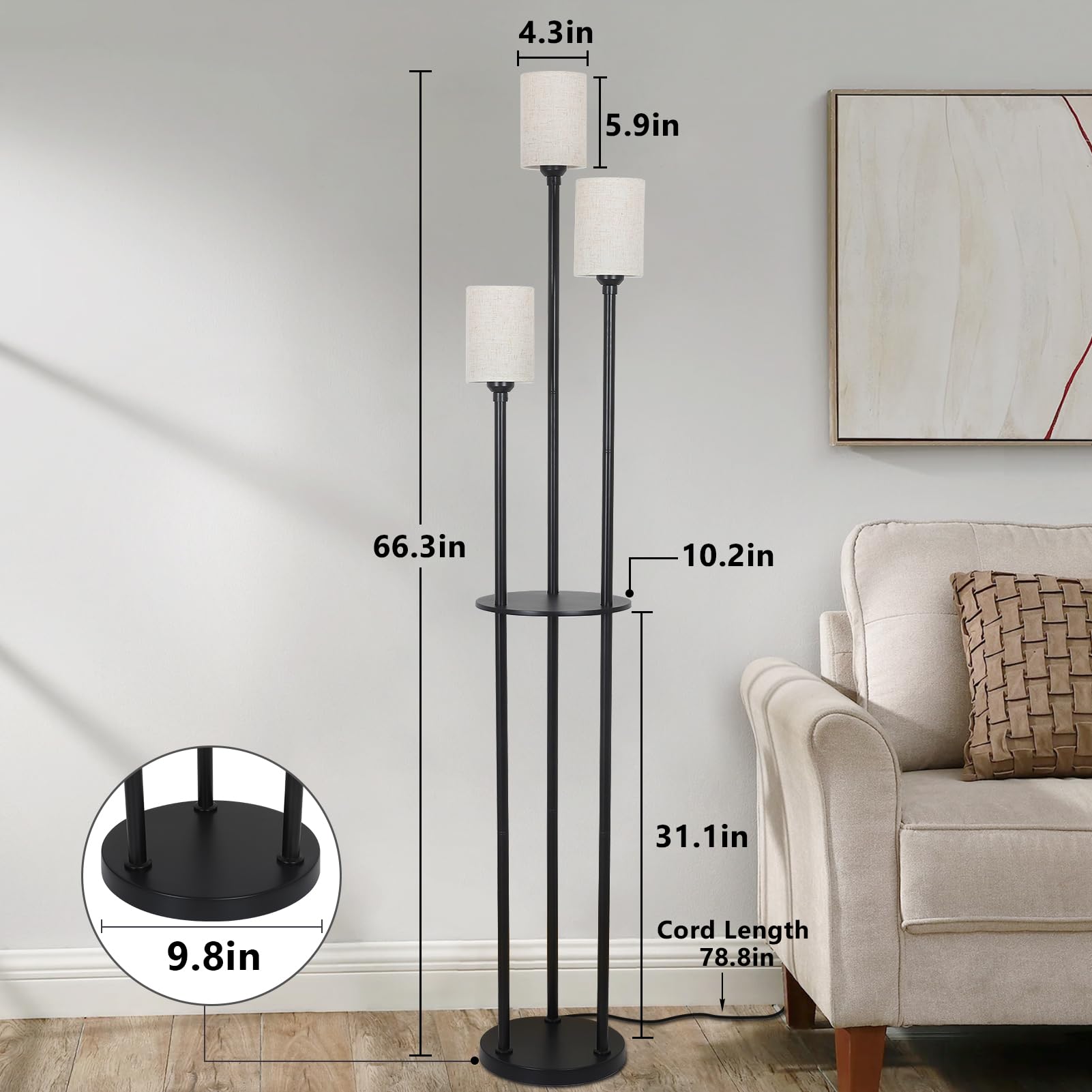 Modern 3-Light Floor Lamp with Shelves & Linen Shade - Industrial Standing Lamp for Living Room, Bedroom & Office - Adjustable Height with Foot Switch (Black) - Perfect for Reading, Working & Home Decor