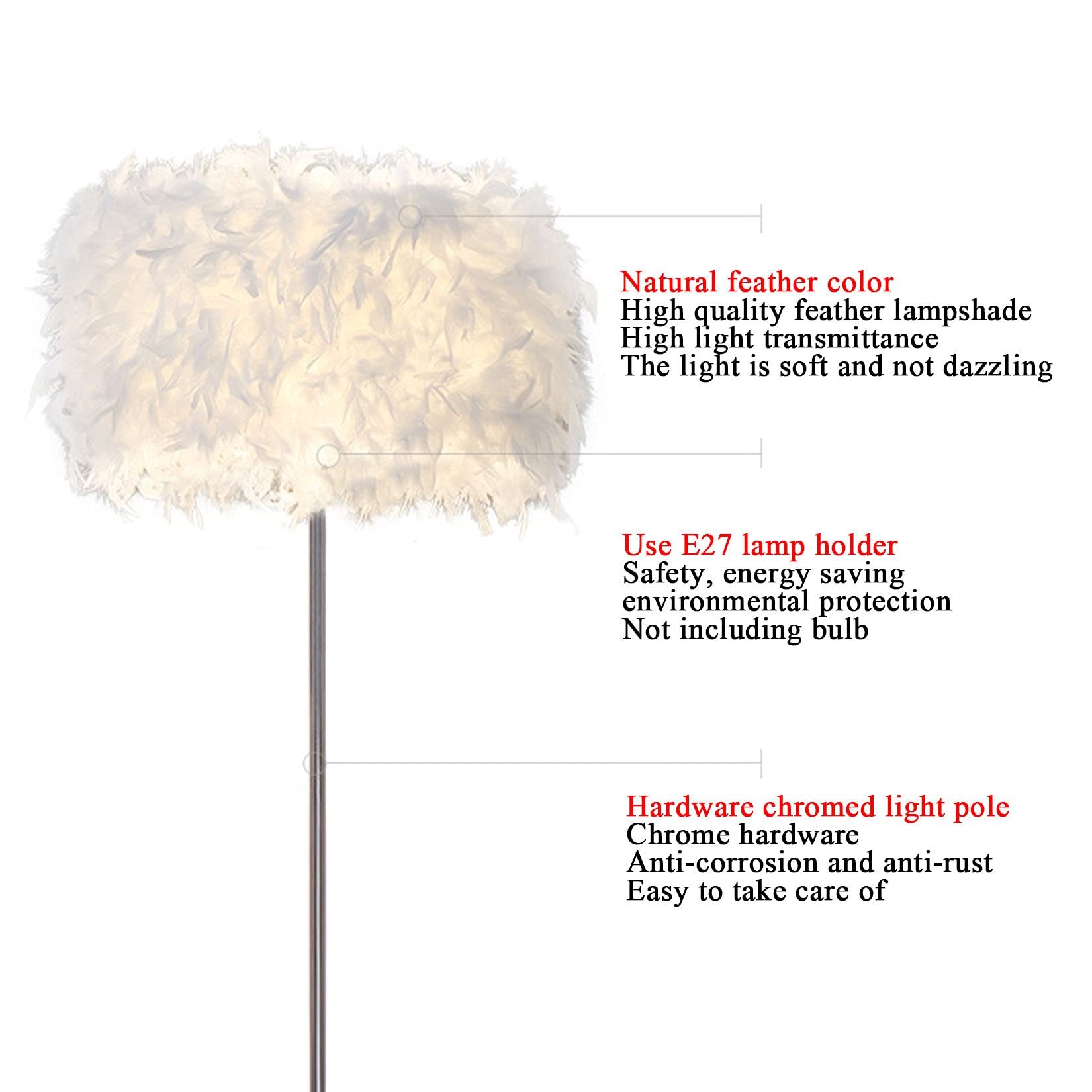 Modern Floor Lamp with Natural Feather Shade & Sturdy Metal Base - Soft Lighting for Living Room, Bedroom, Office - Foot Switch Design, Pure White - Perfect for Reading, Relaxing & Home Decor