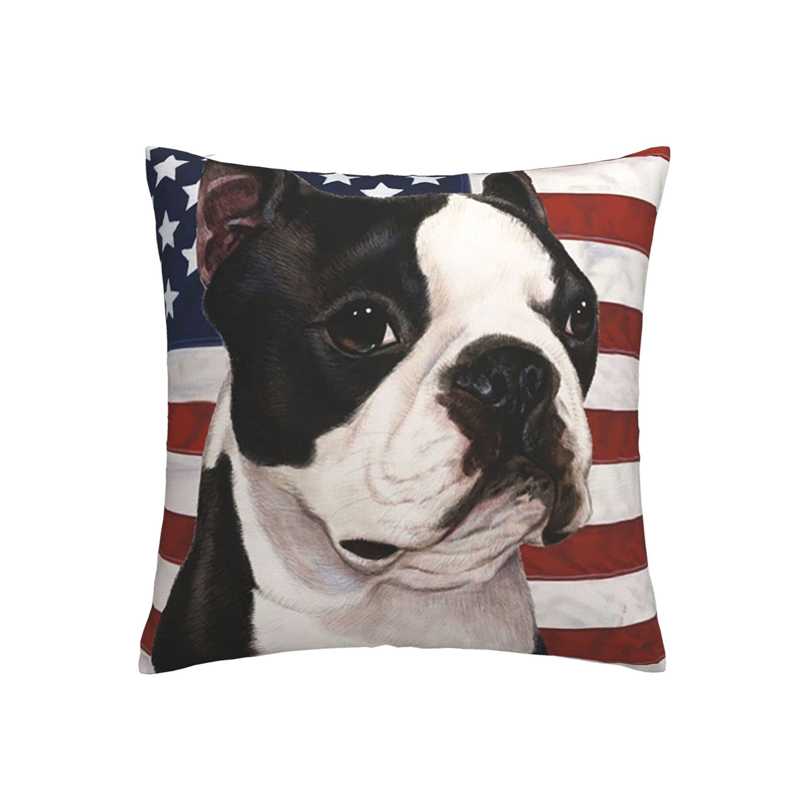 American Flag Boston Terrier Throw Pillow Cover 18x18 Inch - Soft Durable Polyester with Hidden Zipper for Sofa, Bench, Outdoor Patio & Wedding Decor | Home Decor, Living Room Accent, Gift Idea