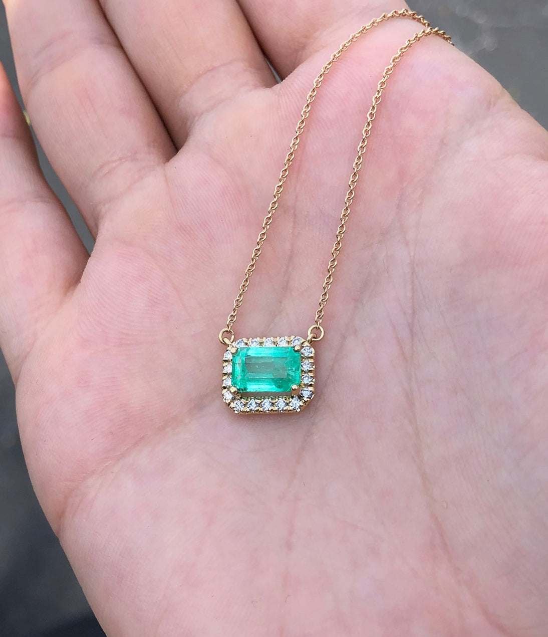 2.20tcw Colombian Emerald & Diamond Stationary Necklace in 14K Gold - Elegant East to West Design for Women, Perfect for Weddings, Parties & Special Occasions