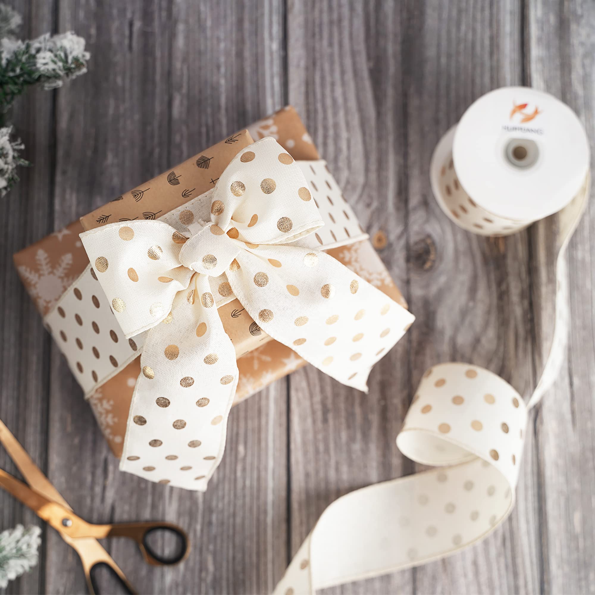 Gold Polka Dot Wired Ribbon - 2.5 Inch x 10 Yards White & Gold Burlap Ribbon with Wire Edge for Christmas Wreaths, Gift Wrapping, Basket Bows, Craft Decorations - Perfect for Holiday DIY Projects, Party Decor, and Seasonal Home Decoration